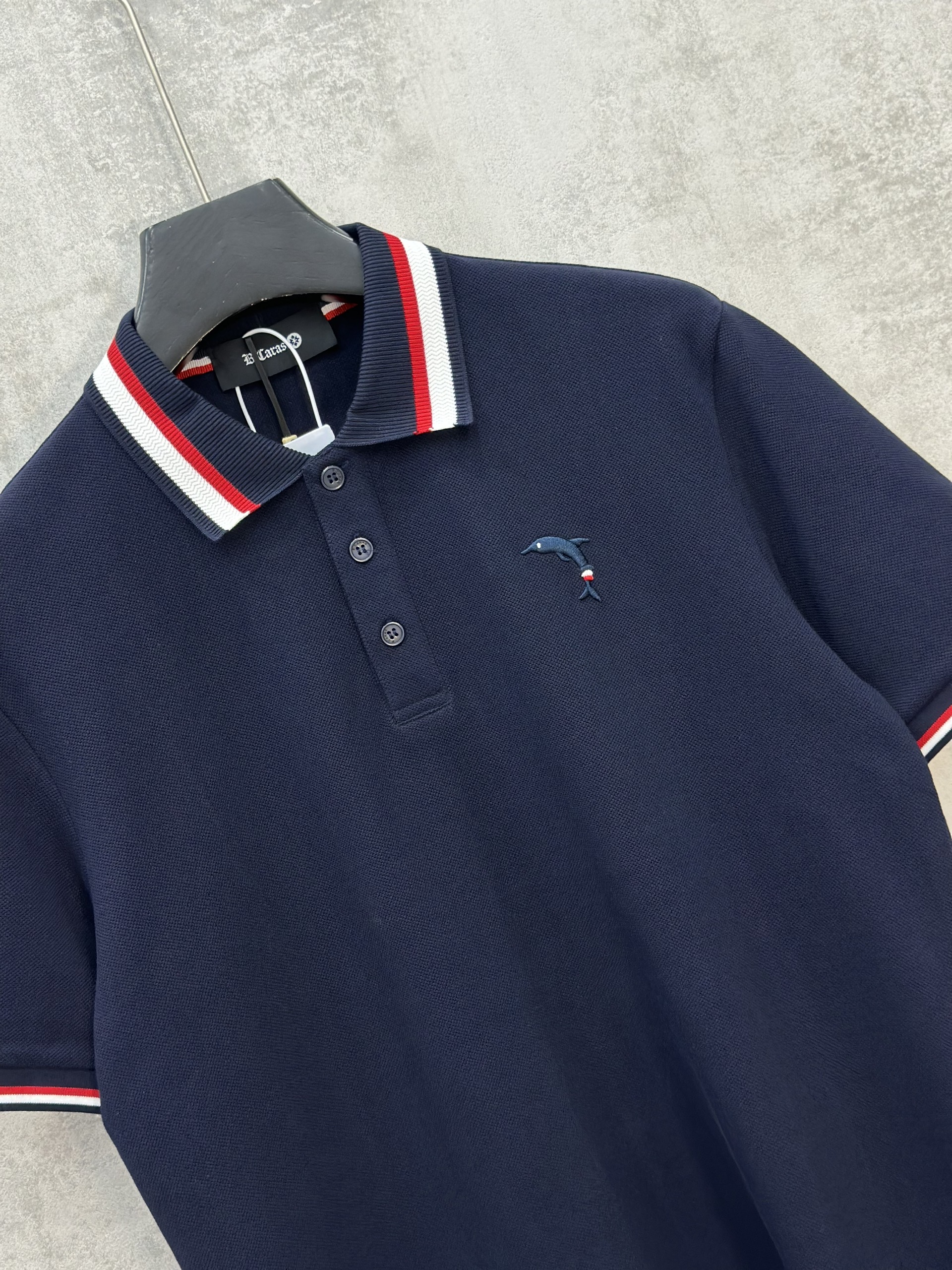 Áo polo Caras kẻ sọc tay cổ bo viền logo thêu Cá Heo ngực Đen Trắng Xanh Than Like Auth S-XL VTN\XANH THAN