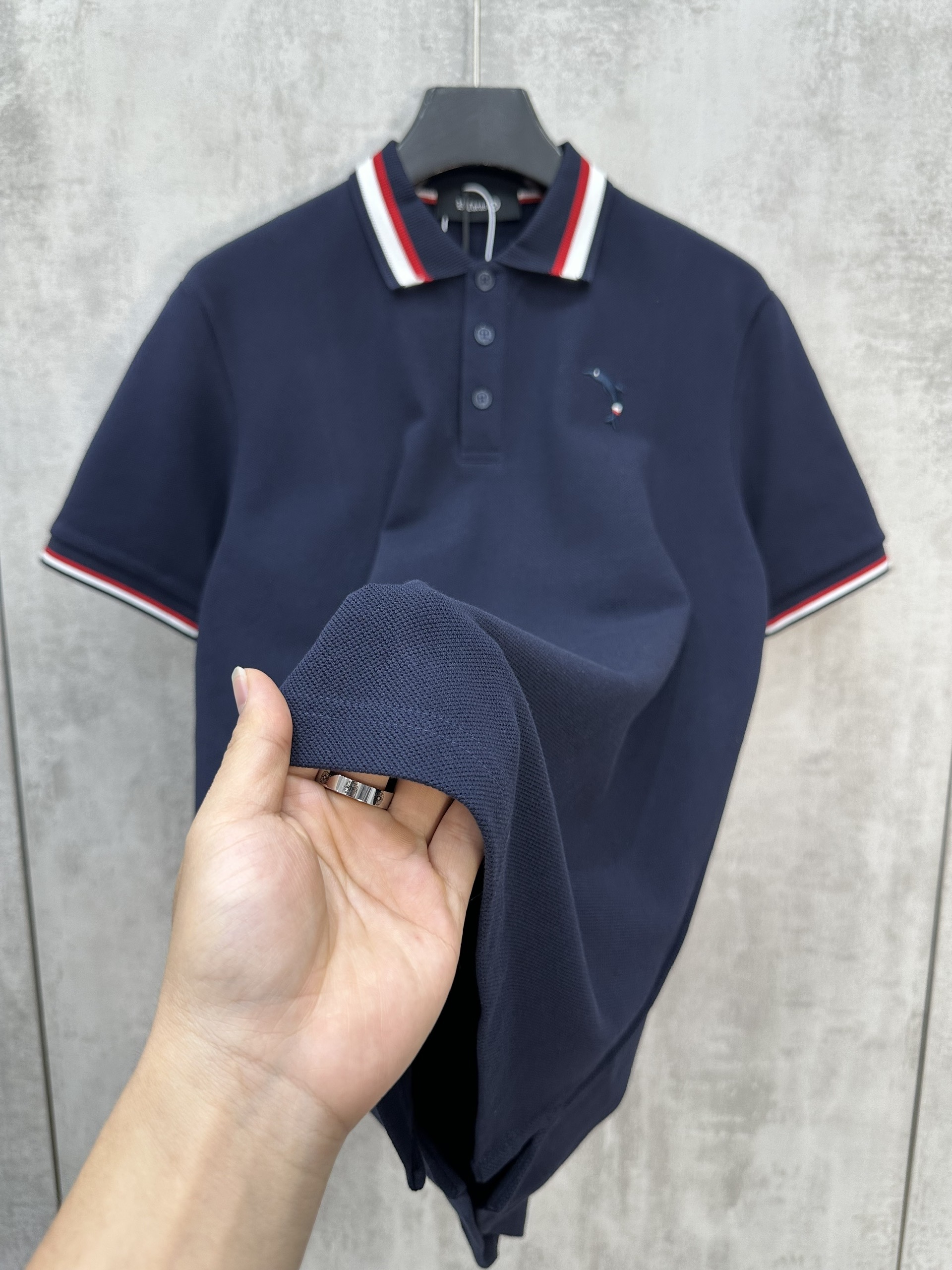 Áo polo Caras kẻ sọc tay cổ bo viền logo thêu Cá Heo ngực Đen Trắng Xanh Than Like Auth S-XL VTN\XANH THAN