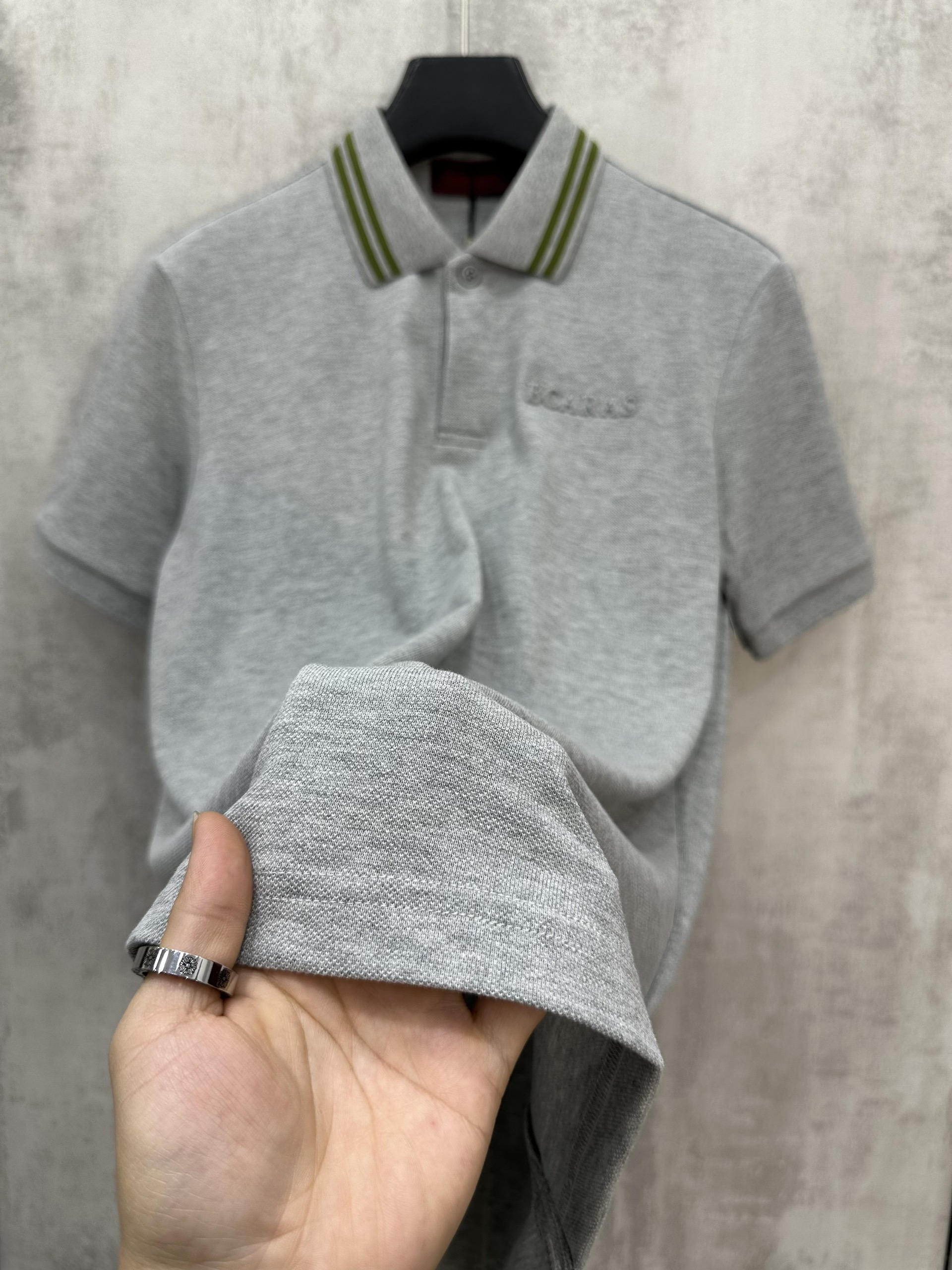 Áo polo Caras Xám kẻ sọc cổ logo thêu ngực Like Auth S-XL VTN