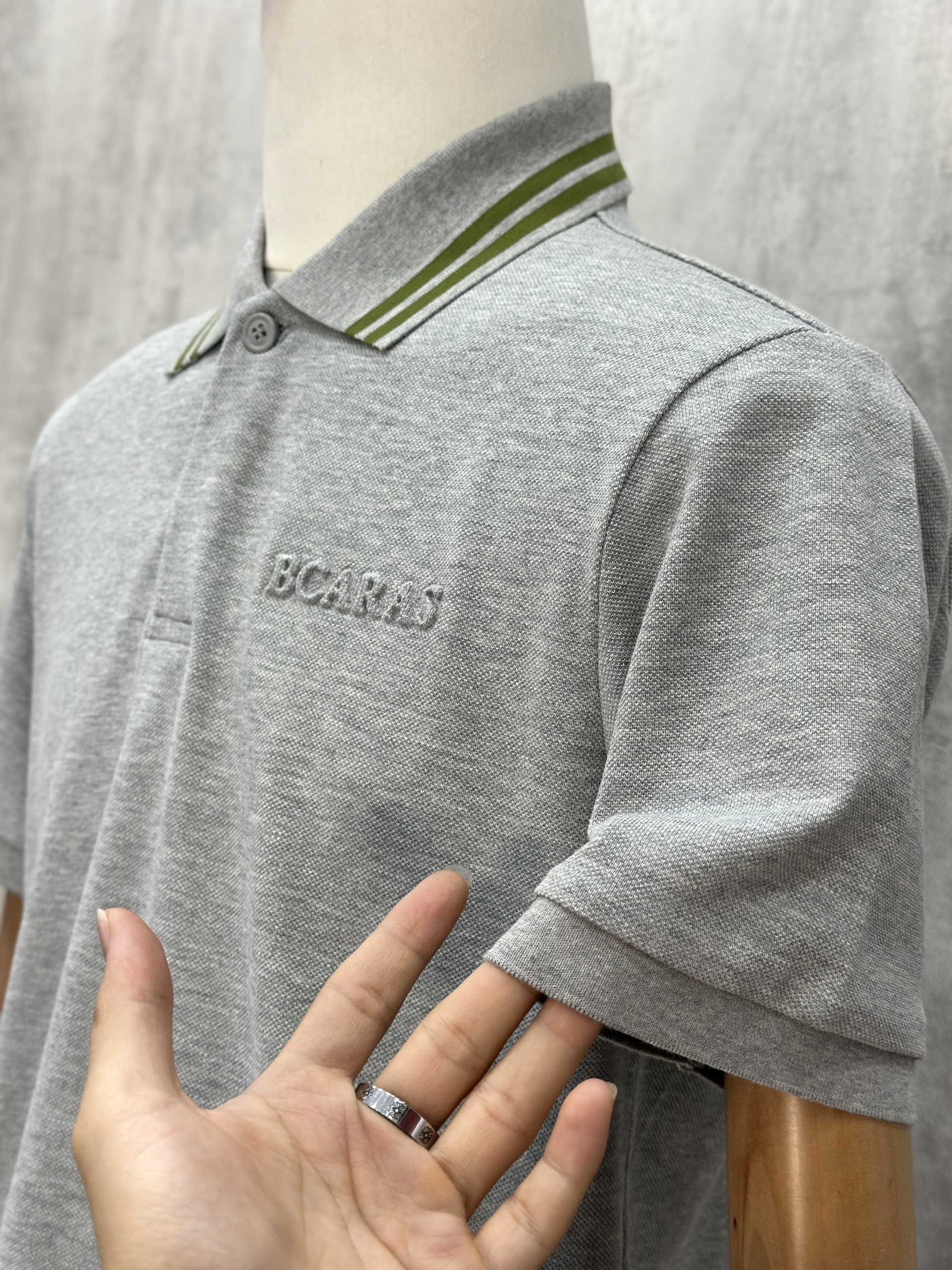 Áo polo Caras Xám kẻ sọc cổ logo thêu ngực Like Auth S-XL VTN