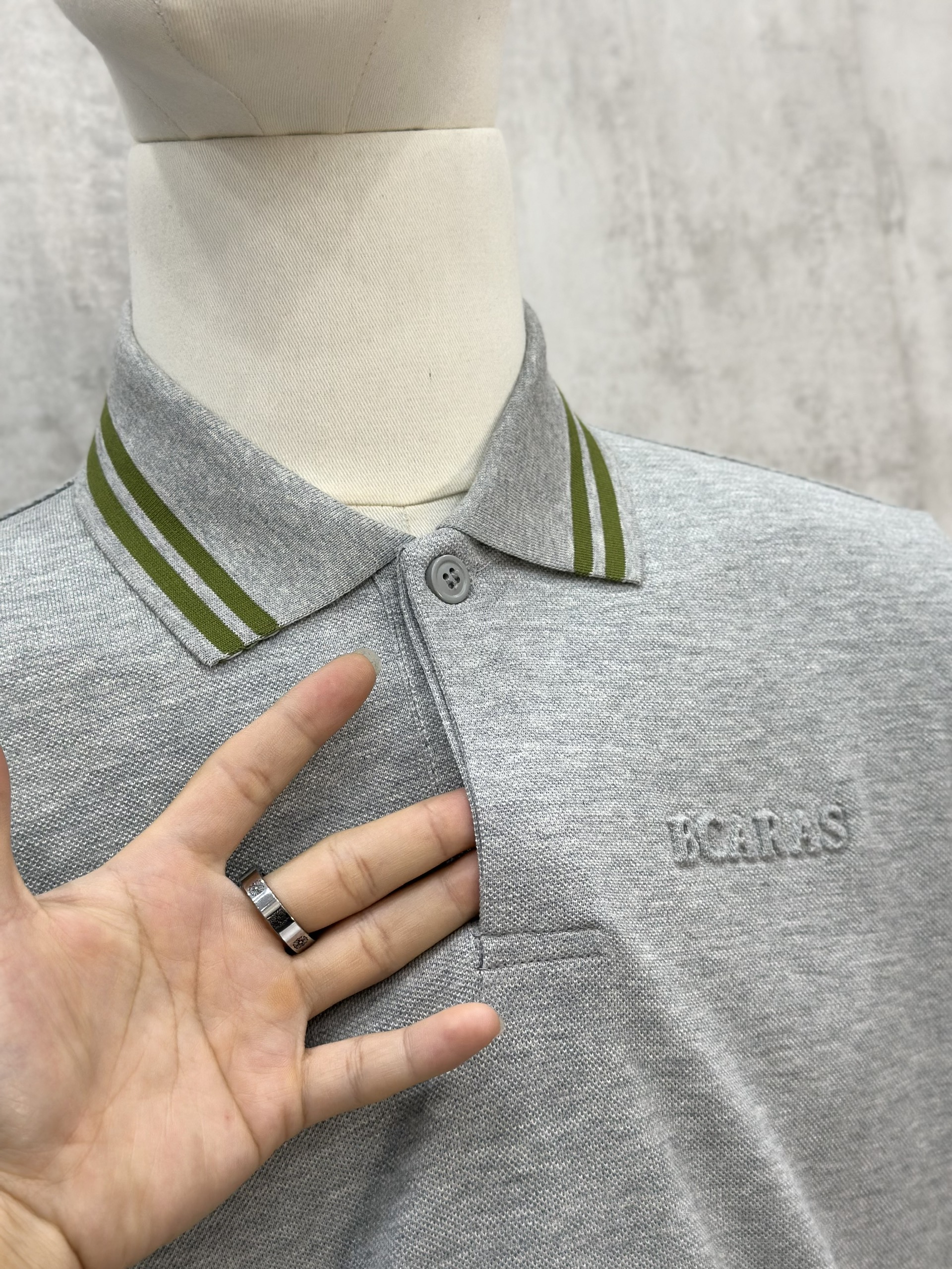 Áo polo Caras Xám kẻ sọc cổ logo thêu ngực Like Auth S-XL VTN