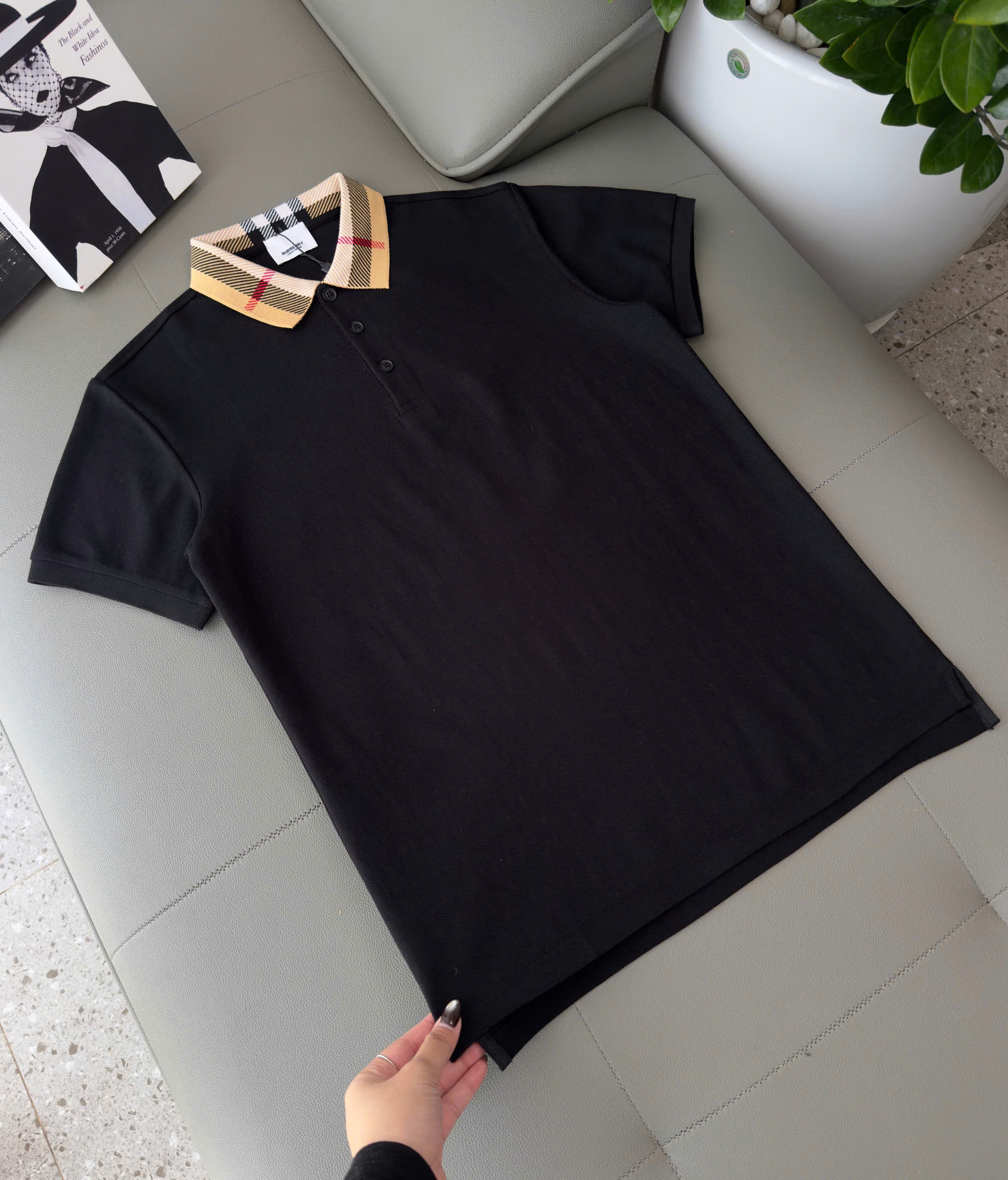 Áo polo Burberry BBR check cổ kẻ sọc bo viền tay Like Auth M-XXL DDT\Đen