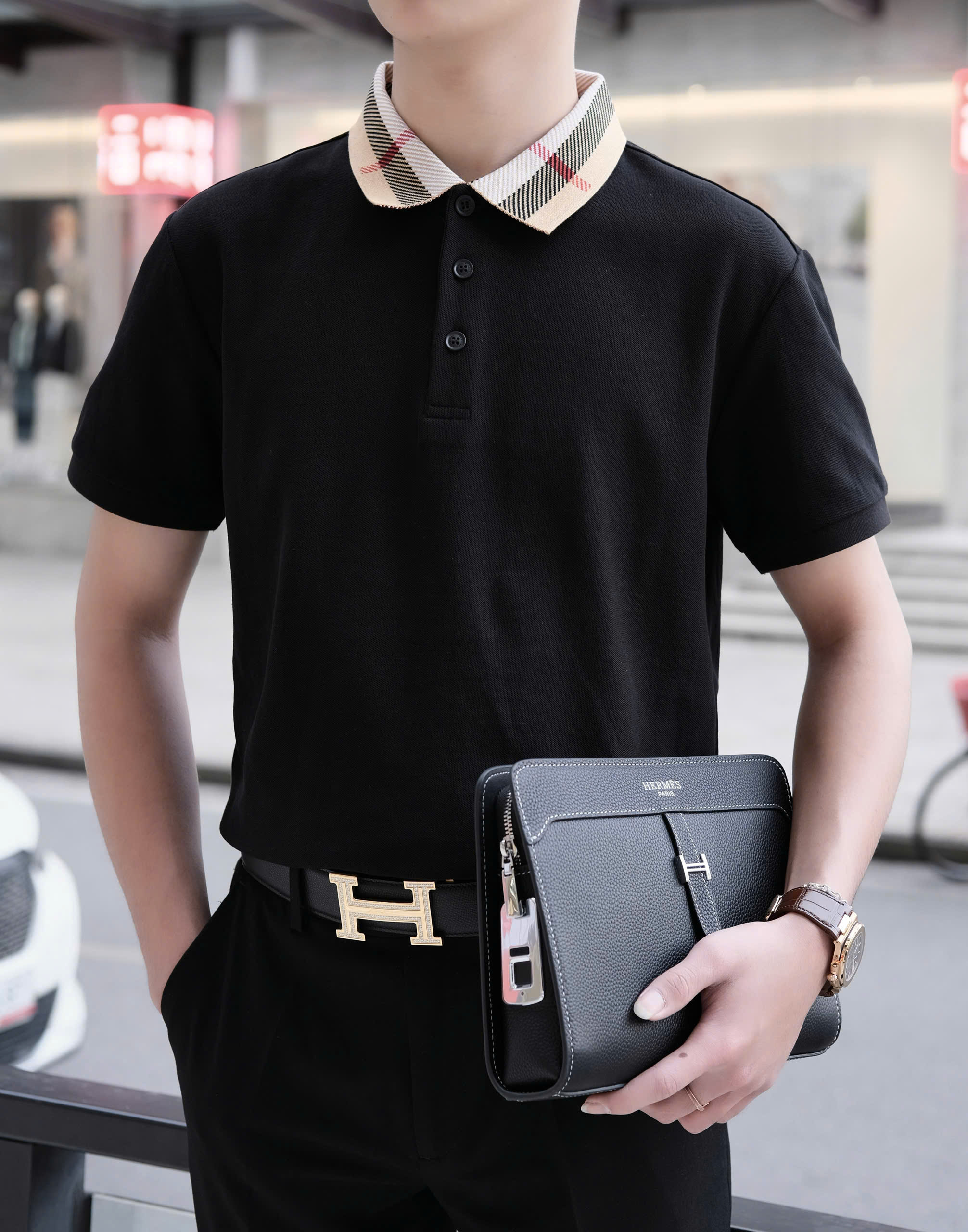 Áo polo Burberry BBR check cổ kẻ sọc bo viền tay Like Auth M-XXL DDT\Đen