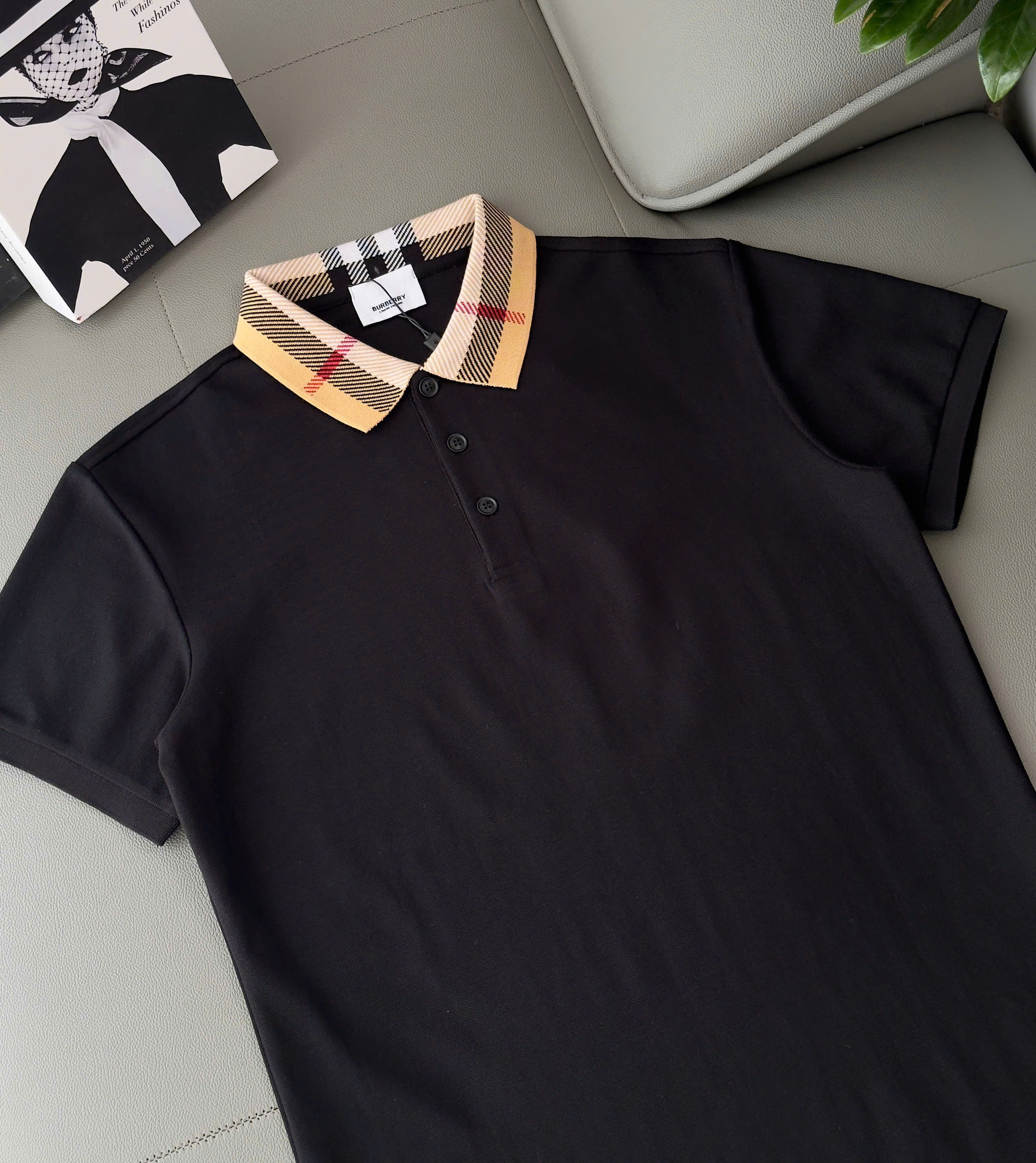 Áo polo Burberry BBR check cổ kẻ sọc bo viền tay Like Auth M-XXL DDT\Đen