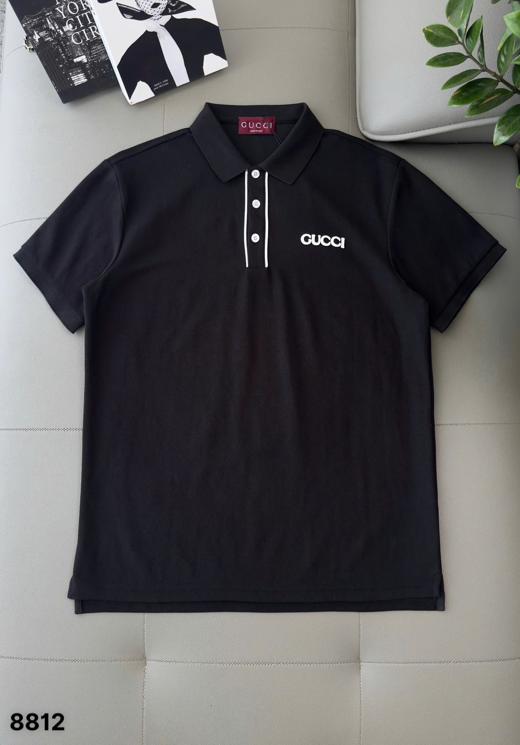 Áo polo Gucci GC viền khuy cổ kẻ Đen Trắng logo thêu ngực Like Auth M-XXL DDT\Đen