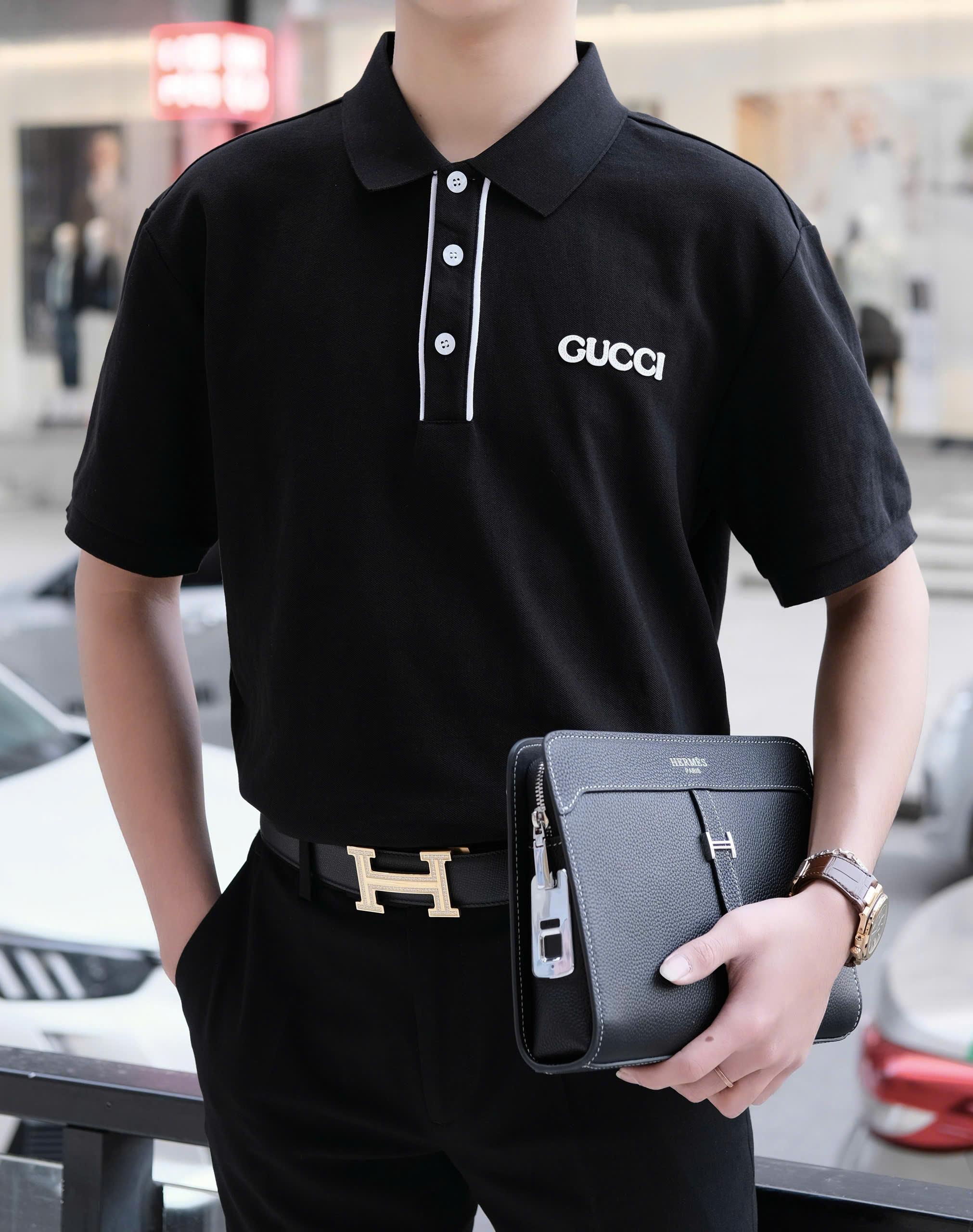 Áo polo Gucci GC viền khuy cổ kẻ Đen Trắng logo thêu ngực Like Auth M-XXL DDT\Đen