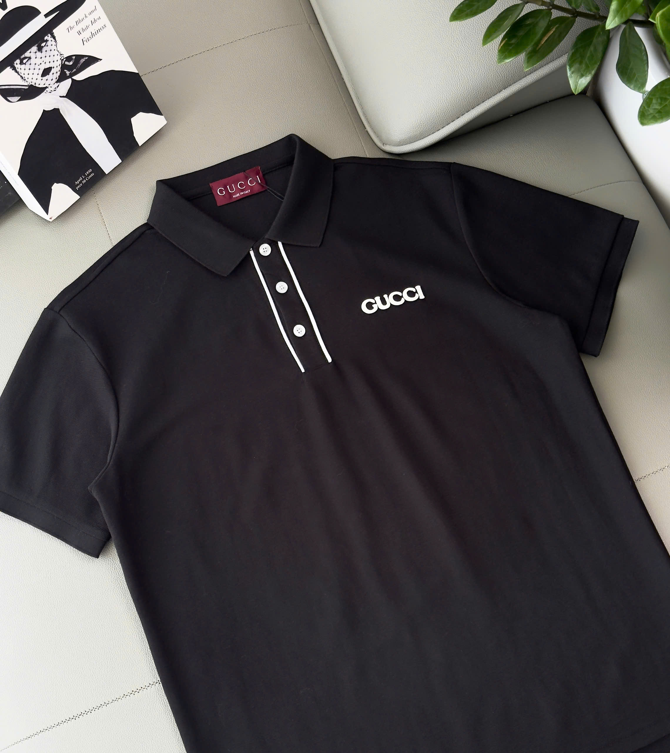 Áo polo Gucci GC viền khuy cổ kẻ Đen Trắng logo thêu ngực Like Auth M-XXL DDT\Đen