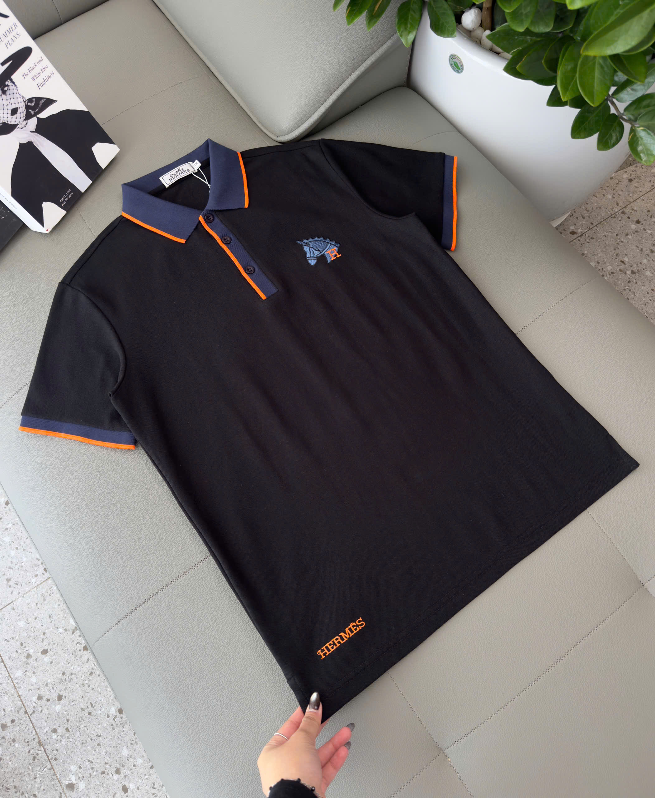 Áo polo Hermes HM check cổ logo thêu đầu Ngựa ngực Like Auth M-XXL DDT\Đen