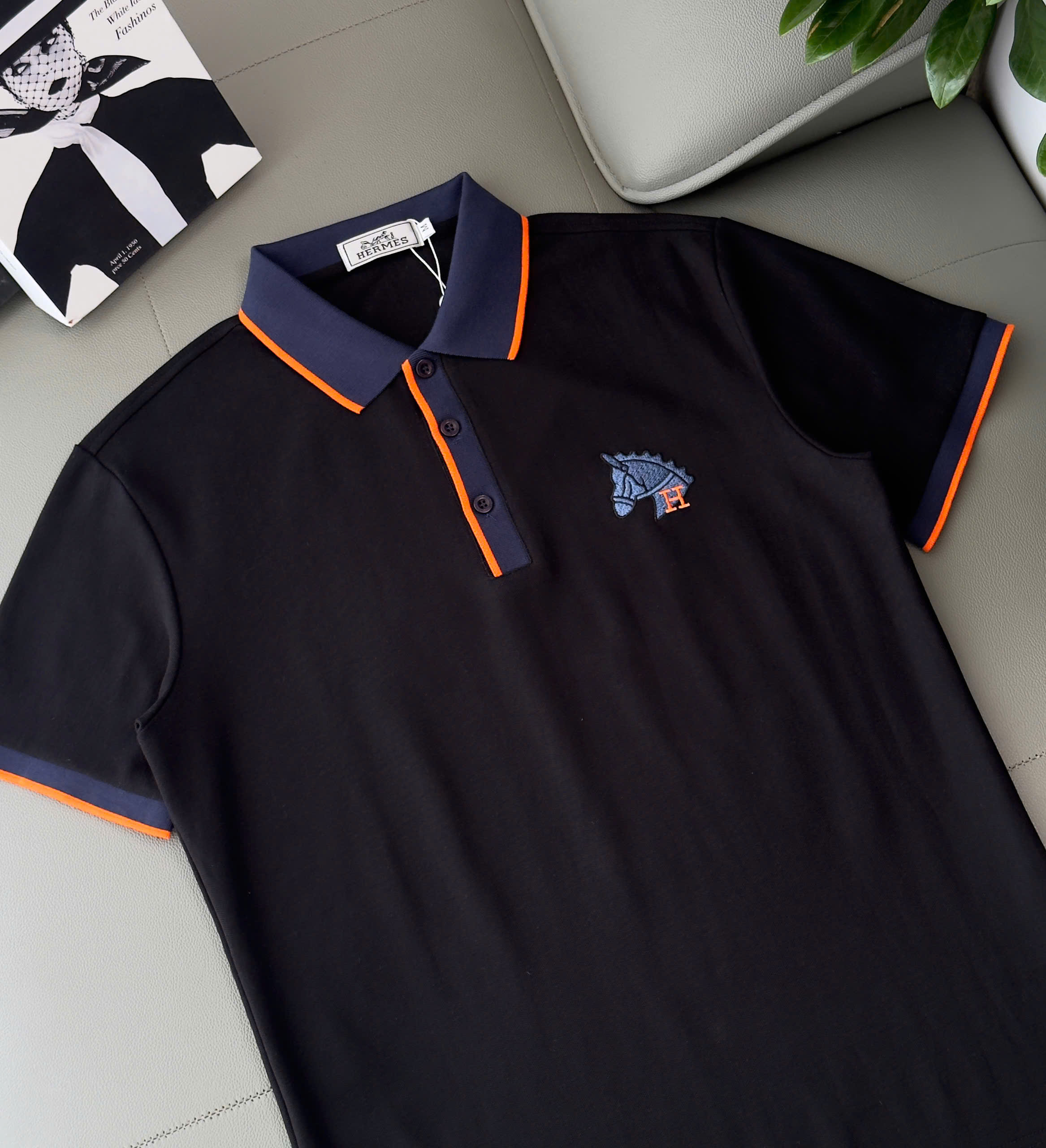 Áo polo Hermes HM check cổ logo thêu đầu Ngựa ngực Like Auth M-XXL DDT\Đen