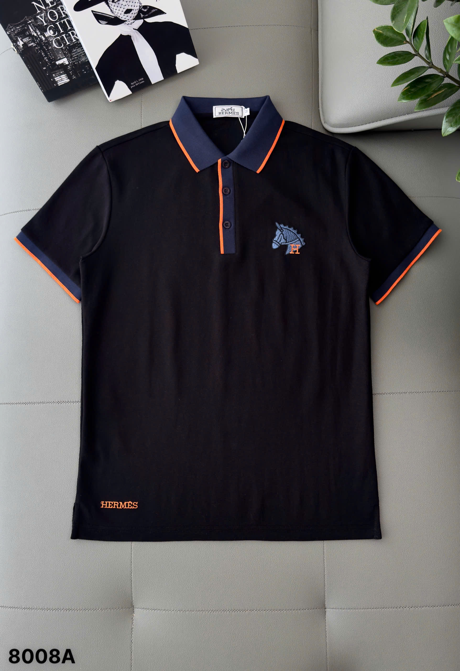 Áo polo Hermes HM check cổ logo thêu đầu Ngựa ngực Like Auth M-XXL DDT\Đen