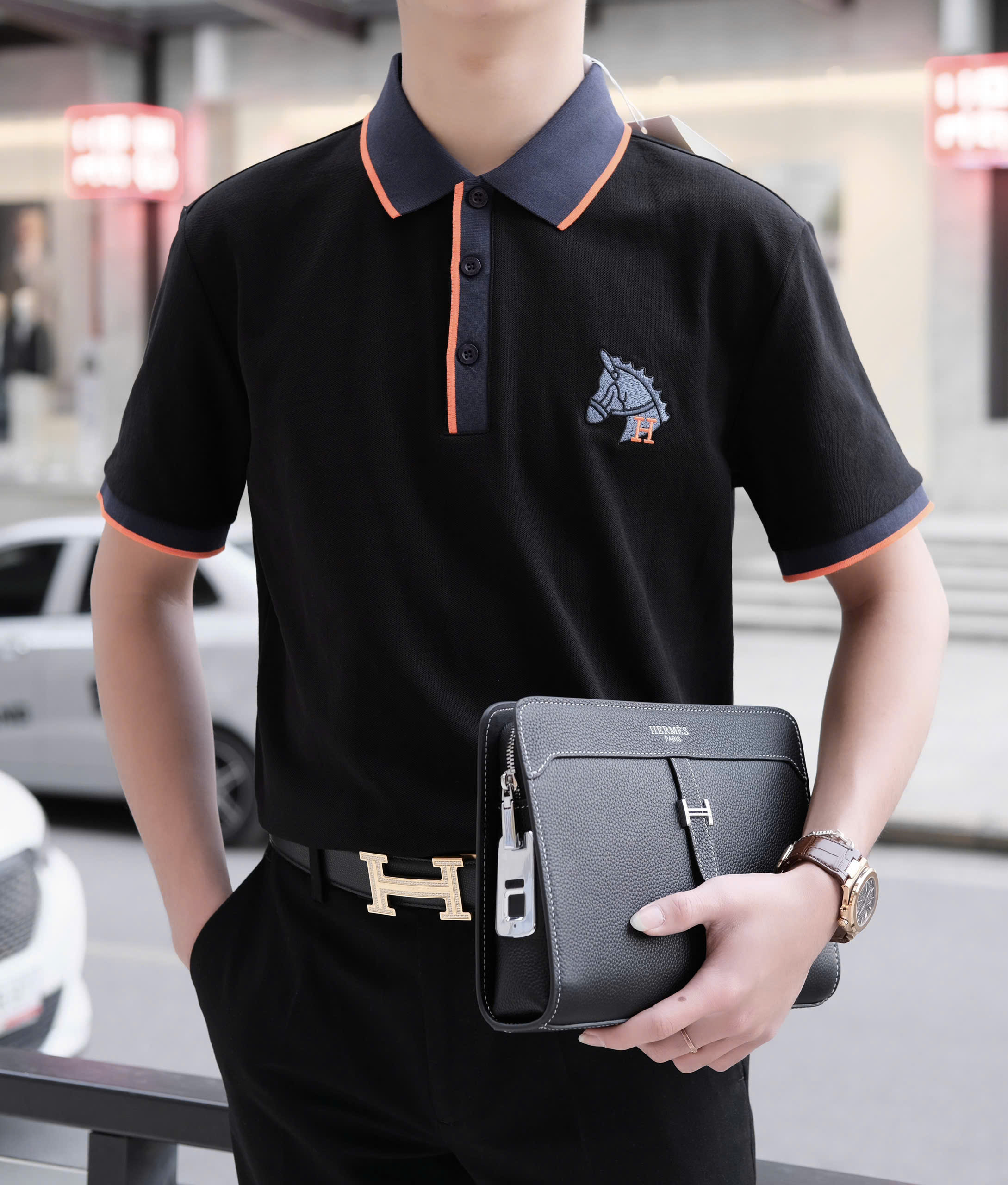 Áo polo Hermes HM check cổ logo thêu đầu Ngựa ngực Like Auth M-XXL DDT\Đen
