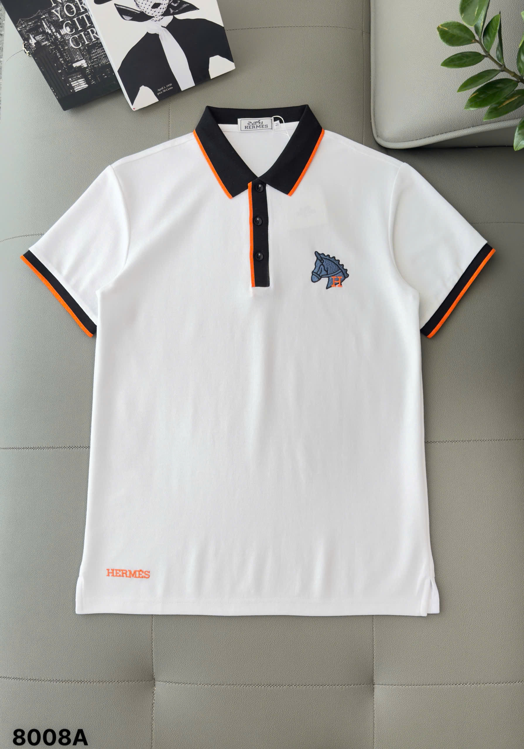 Áo polo Hermes HM check cổ logo thêu đầu Ngựa ngực Like Auth M-XXL DDT\TRẮNG