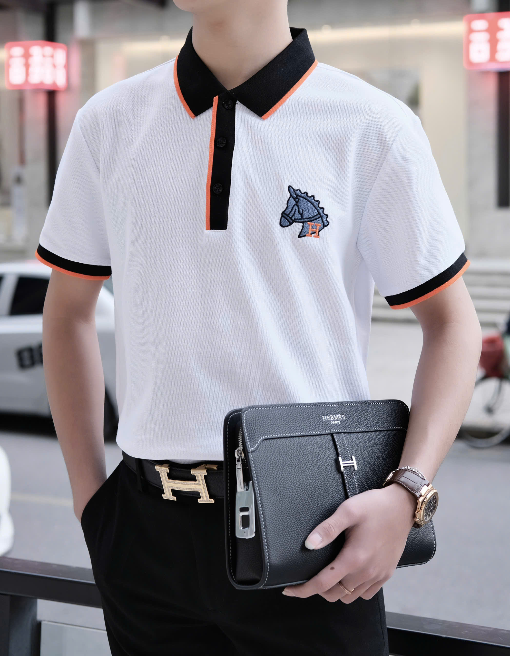 Áo polo Hermes HM check cổ logo thêu đầu Ngựa ngực Like Auth M-XXL DDT\TRẮNG