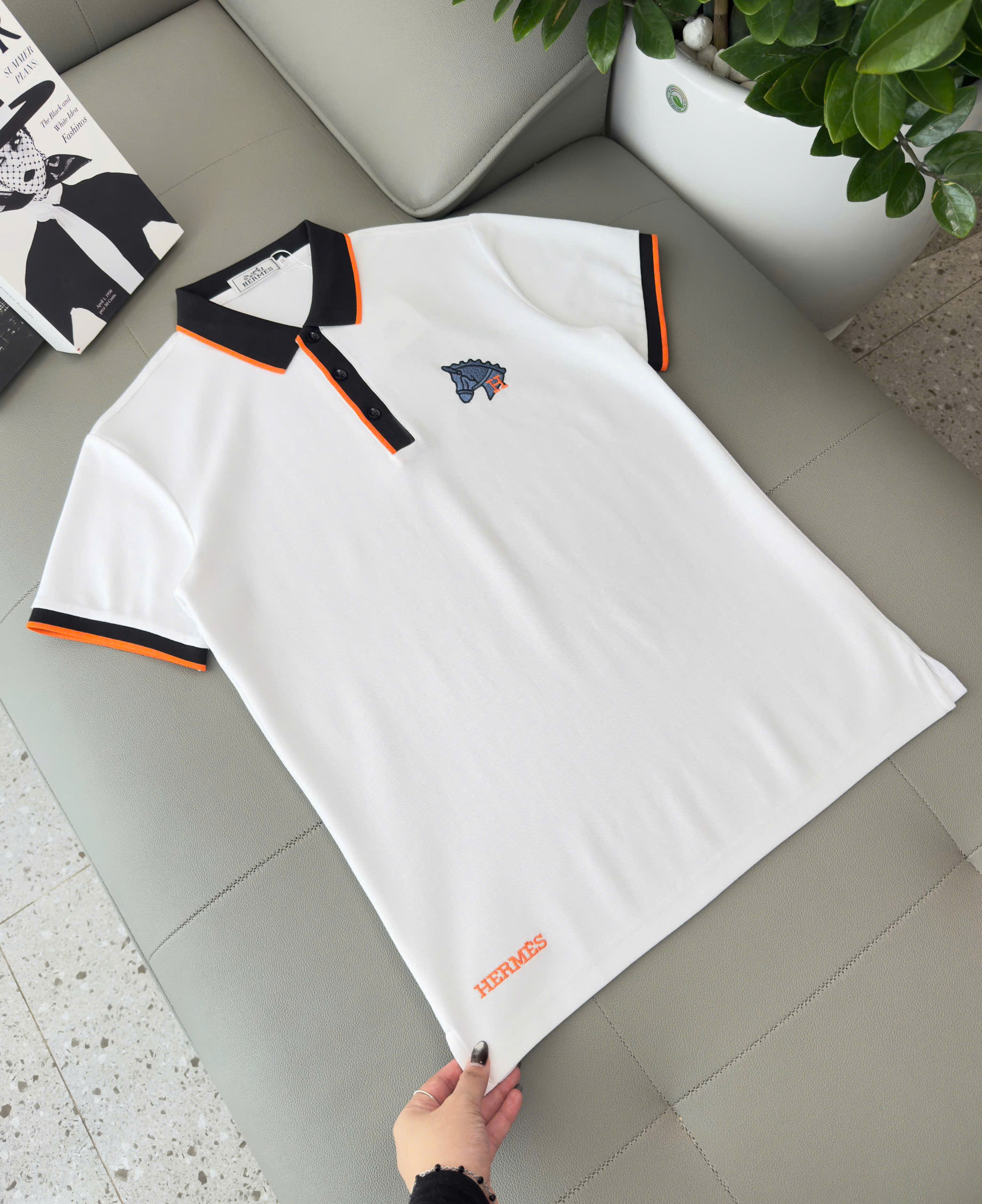 Áo polo Hermes HM check cổ logo thêu đầu Ngựa ngực Like Auth M-XXL DDT\TRẮNG