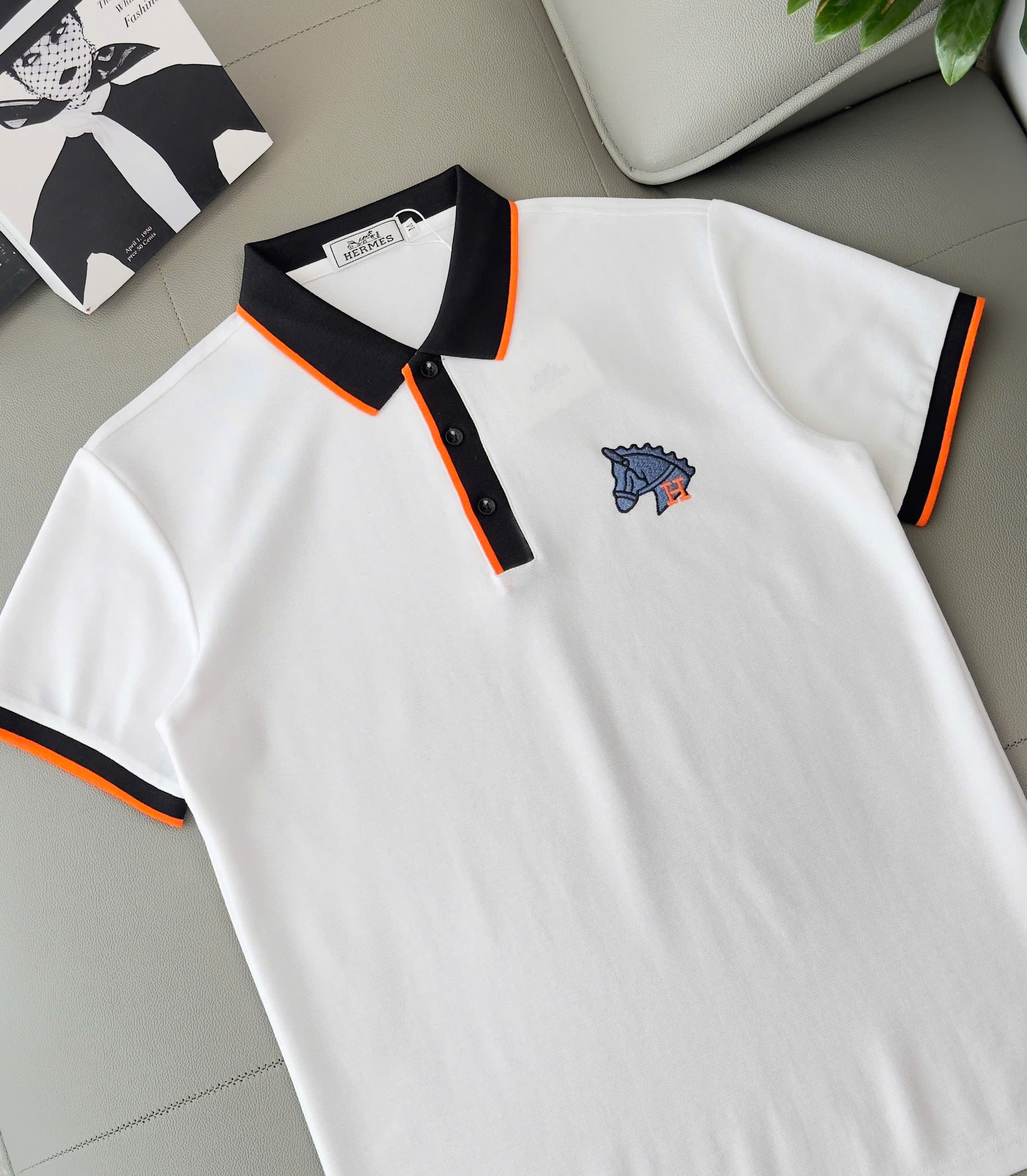 Áo polo Hermes HM check cổ logo thêu đầu Ngựa ngực Like Auth M-XXL DDT\TRẮNG