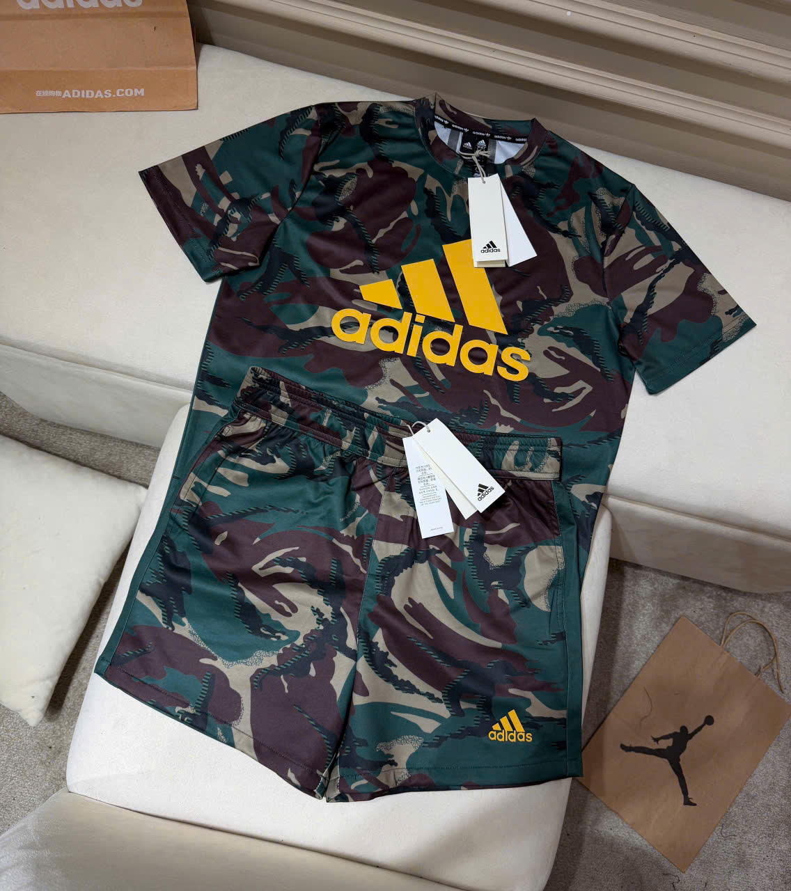 Set bộ thể thao hè Adidas thun lạnh dằn di Camo logo đùi ngực Like Auth XS-L LK
