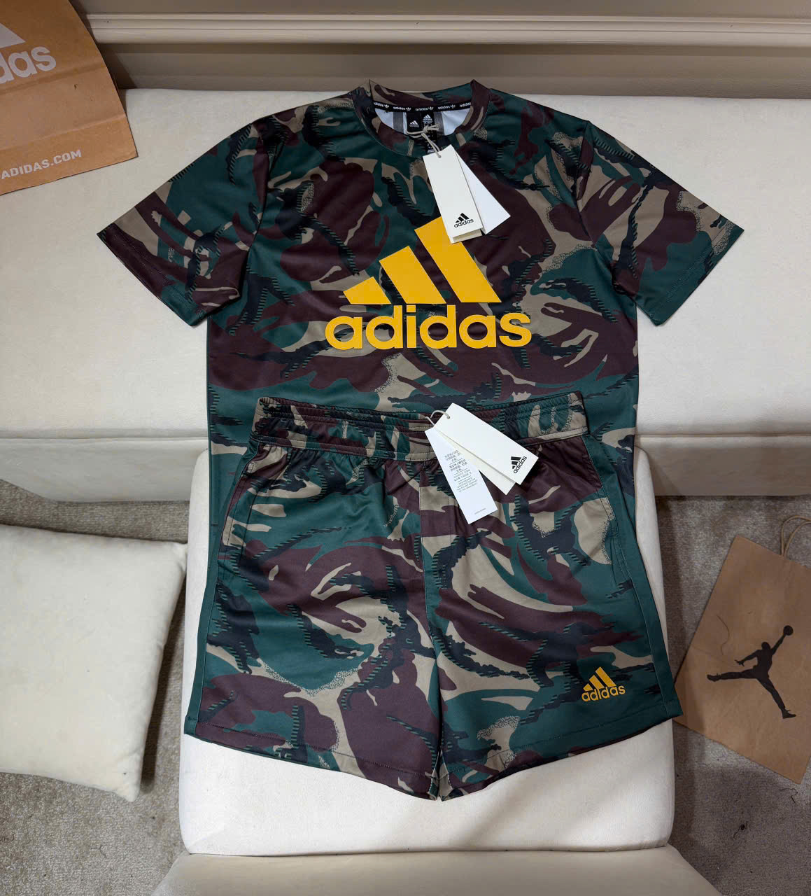 Set bộ thể thao hè Adidas thun lạnh dằn di Camo logo đùi ngực Like Auth XS-L LK
