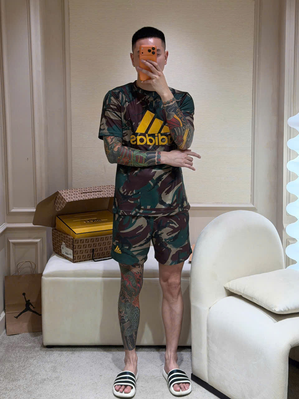 Set bộ thể thao hè Adidas thun lạnh dằn di Camo logo đùi ngực Like Auth XS-L LK