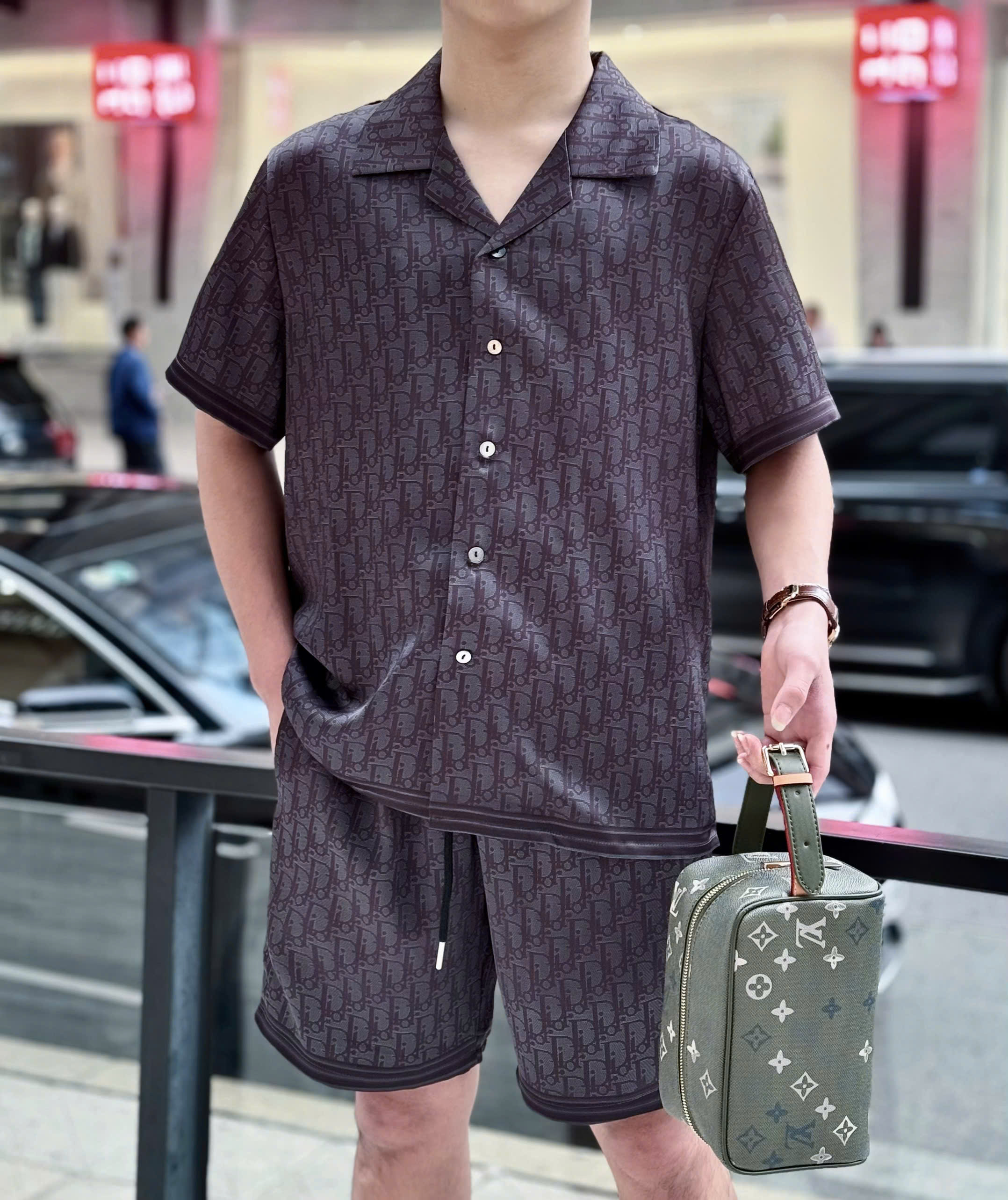 Set bộ lụa hè Dior CD Đen họa tiết Obique full chữ Xám Like Auth M-XXL DDT