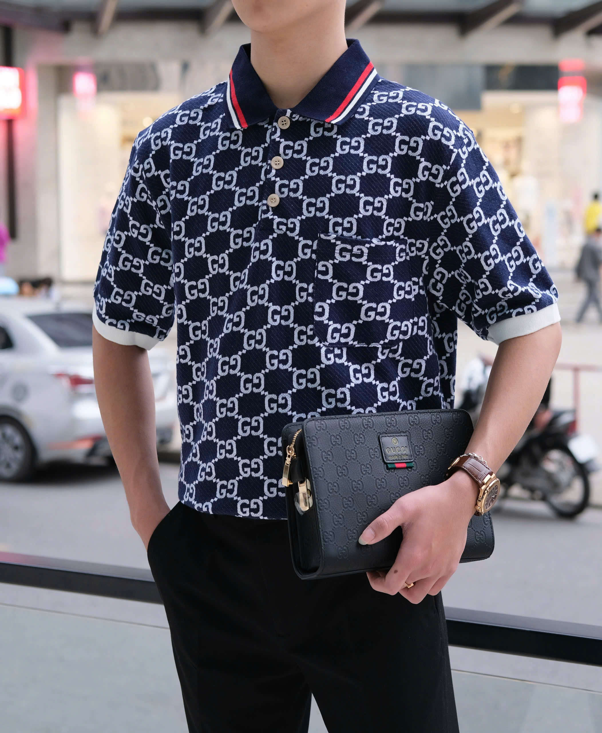 Áo polo Gucci GC Xanh Than logo dệt chữ Trắng Like Auth S-XL DDT