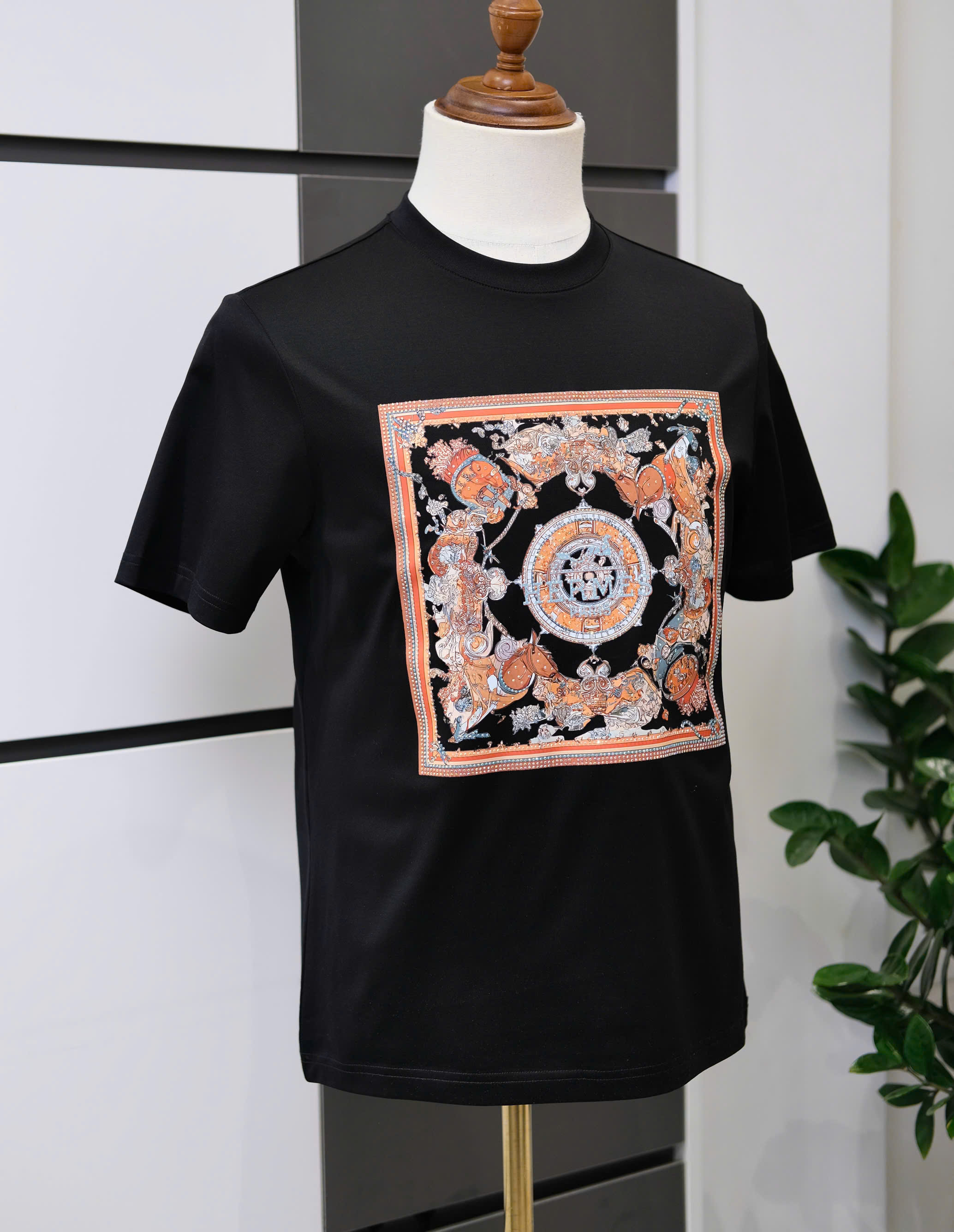 Áo phông T shirt Hermes HM wash ô vuông Cam ngực hình đính đá Like Auth S-XL DDT\Đen