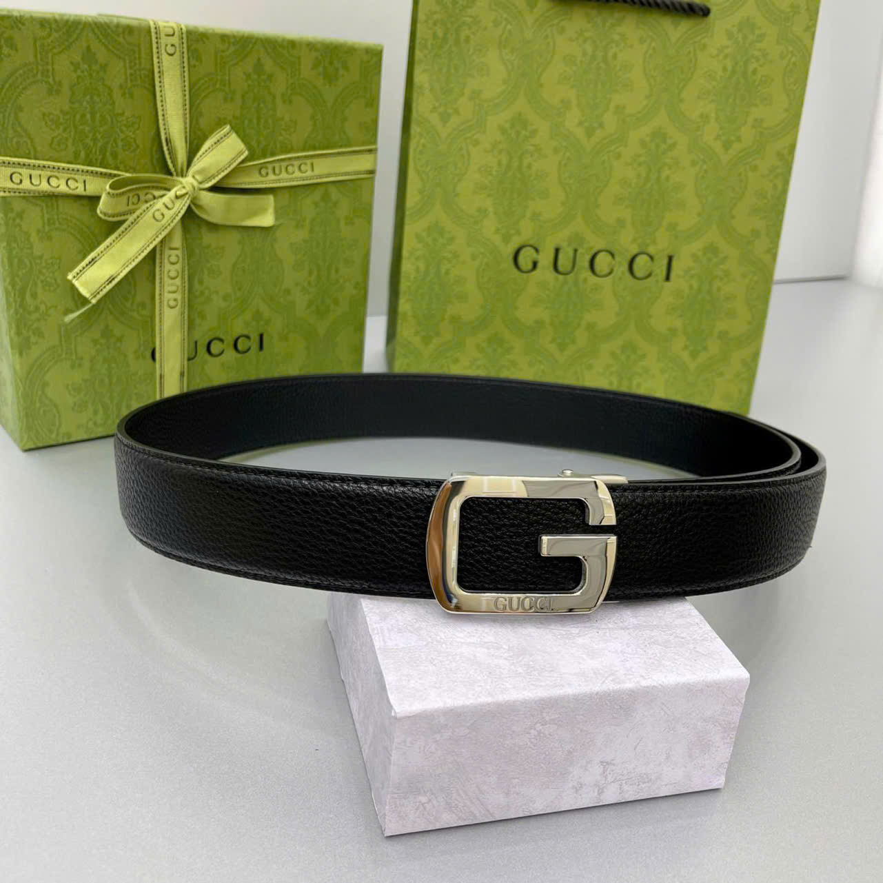Thắt lưng dây nịt Gucci GC mặt khóa chữ G bạc dây Đen Sần Like AUth 85-110 DDT