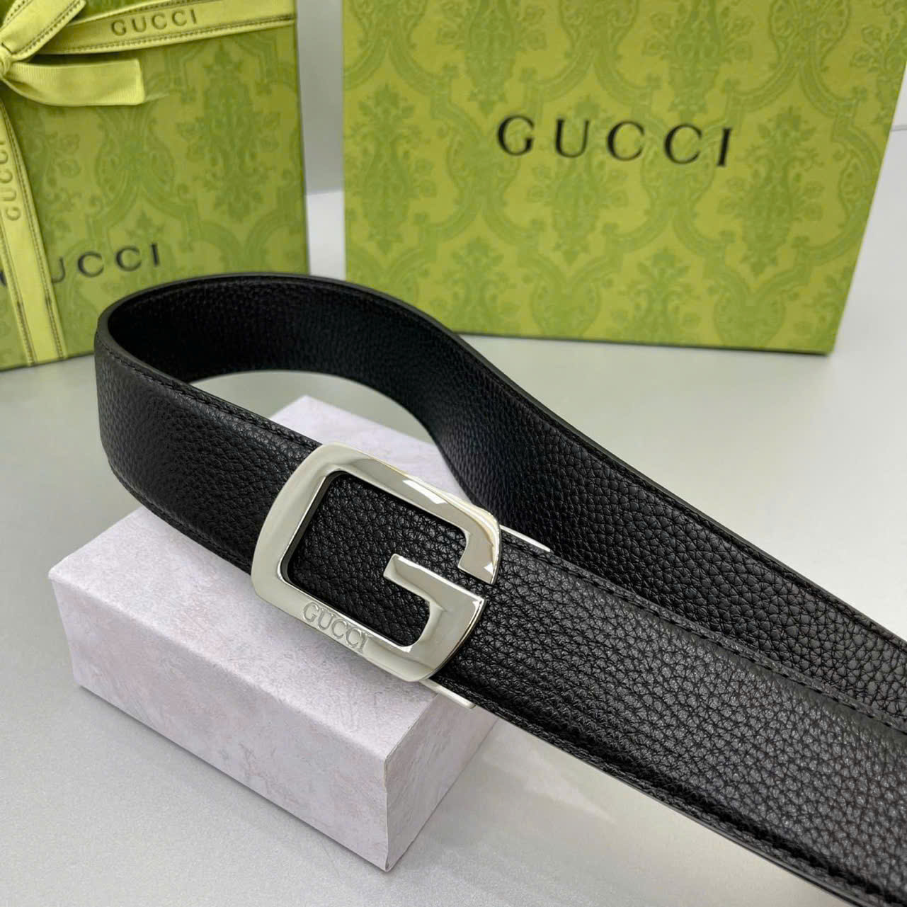 Thắt lưng dây nịt Gucci GC mặt khóa chữ G bạc dây Đen Sần Like AUth 85-110 DDT
