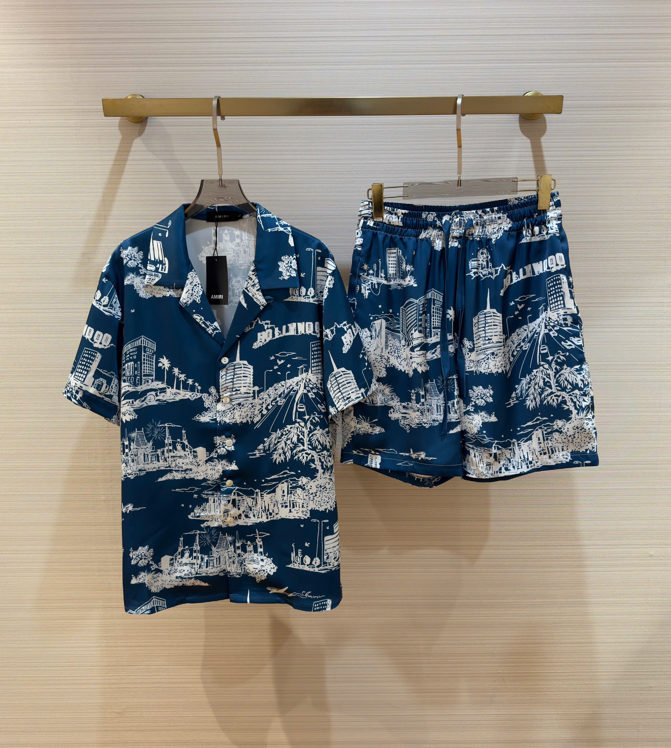 Bộ, Set lụa Amiri Xanh dương họa tiết tòa nhà Trắng Like Auth on web DDT