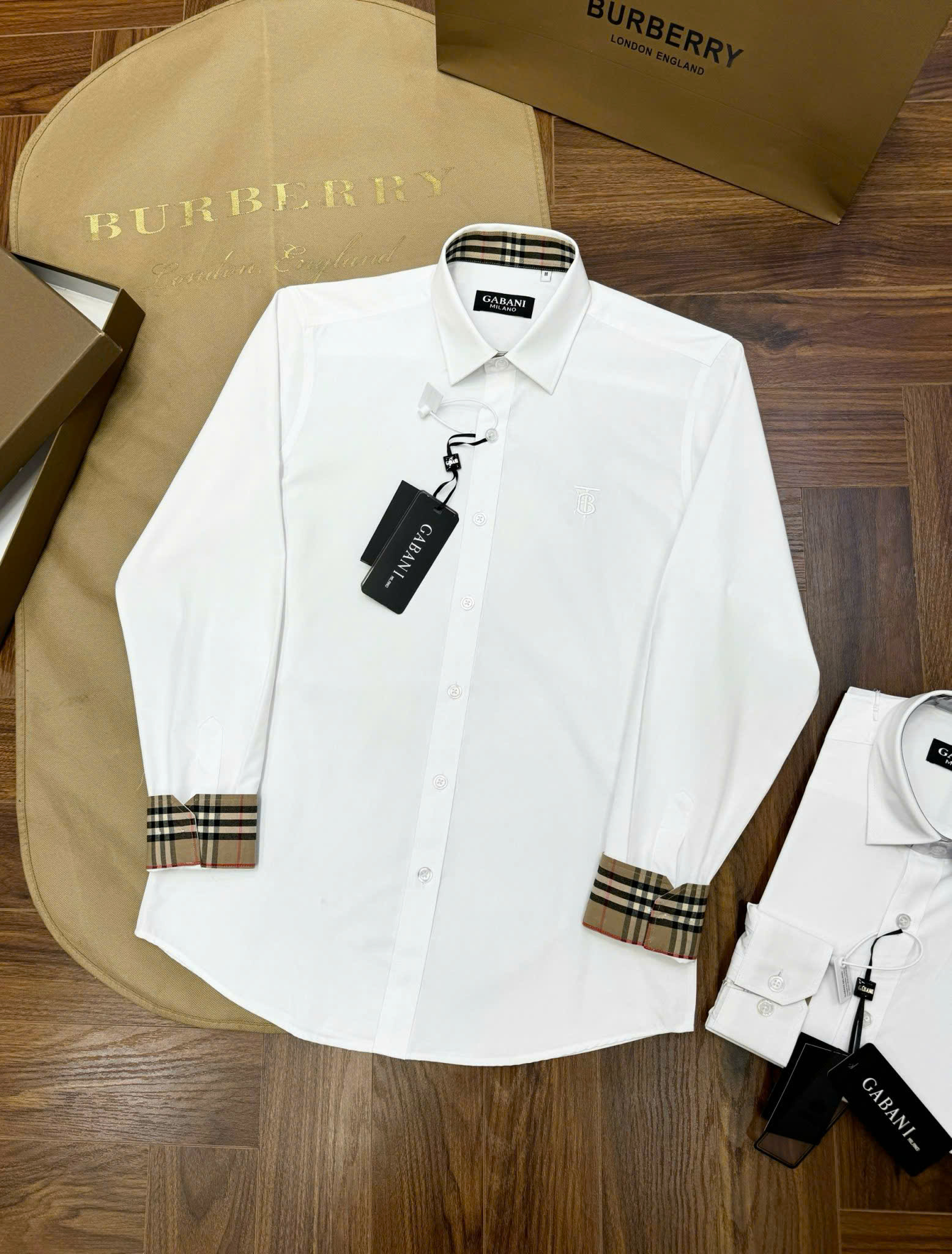 Áo sơ mi Burberry BBR logo thêu TB ngực check kẻ sọc tay cổ Like Auth S-XL CD