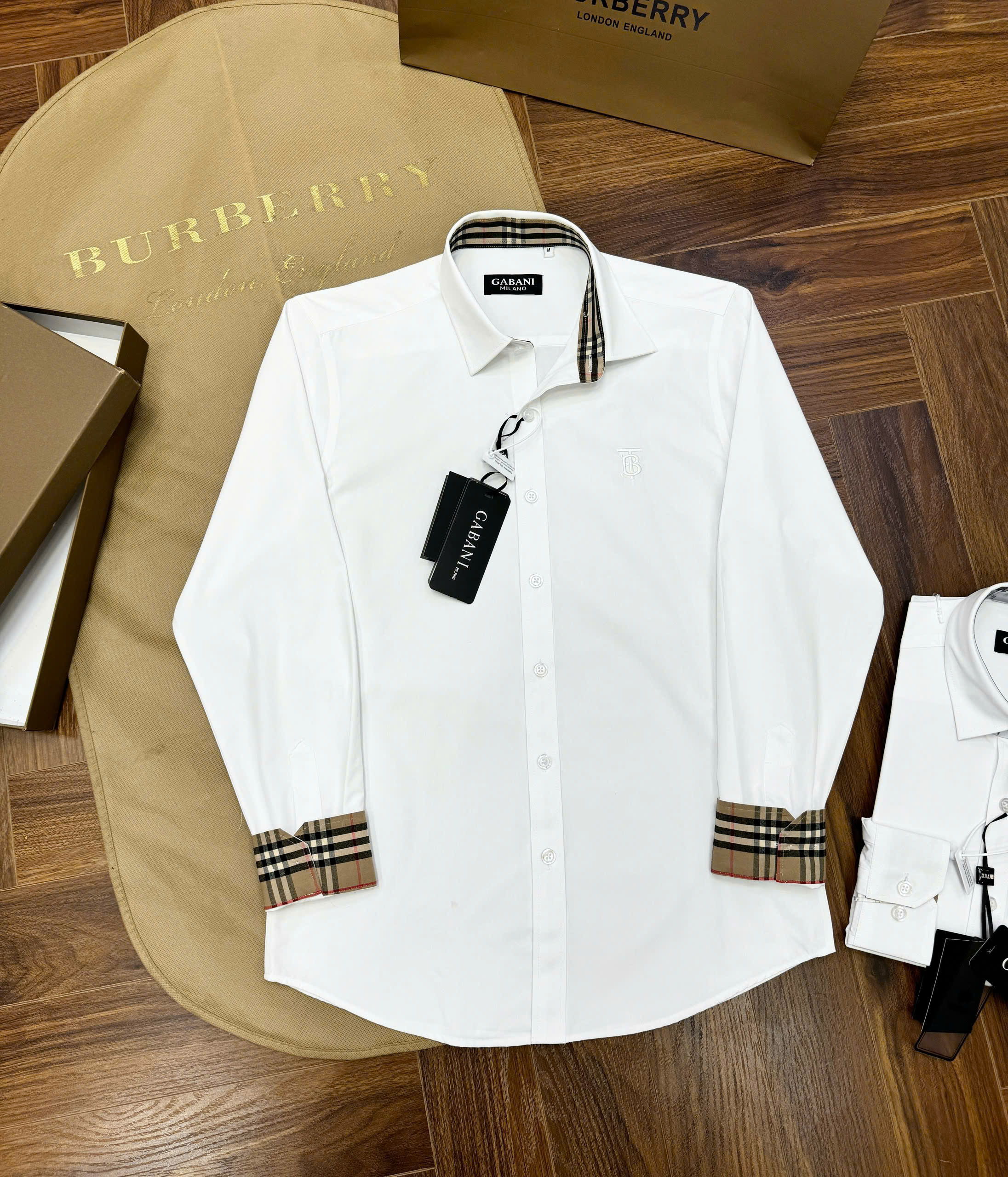 Áo sơ mi Burberry BBR logo thêu TB ngực check kẻ sọc tay cổ Like Auth S-XL CD