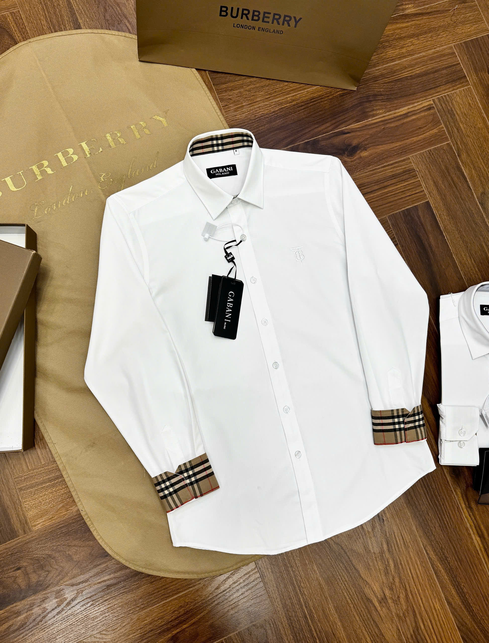 Áo sơ mi Burberry BBR logo thêu TB ngực check kẻ sọc tay cổ Like Auth S-XL CD