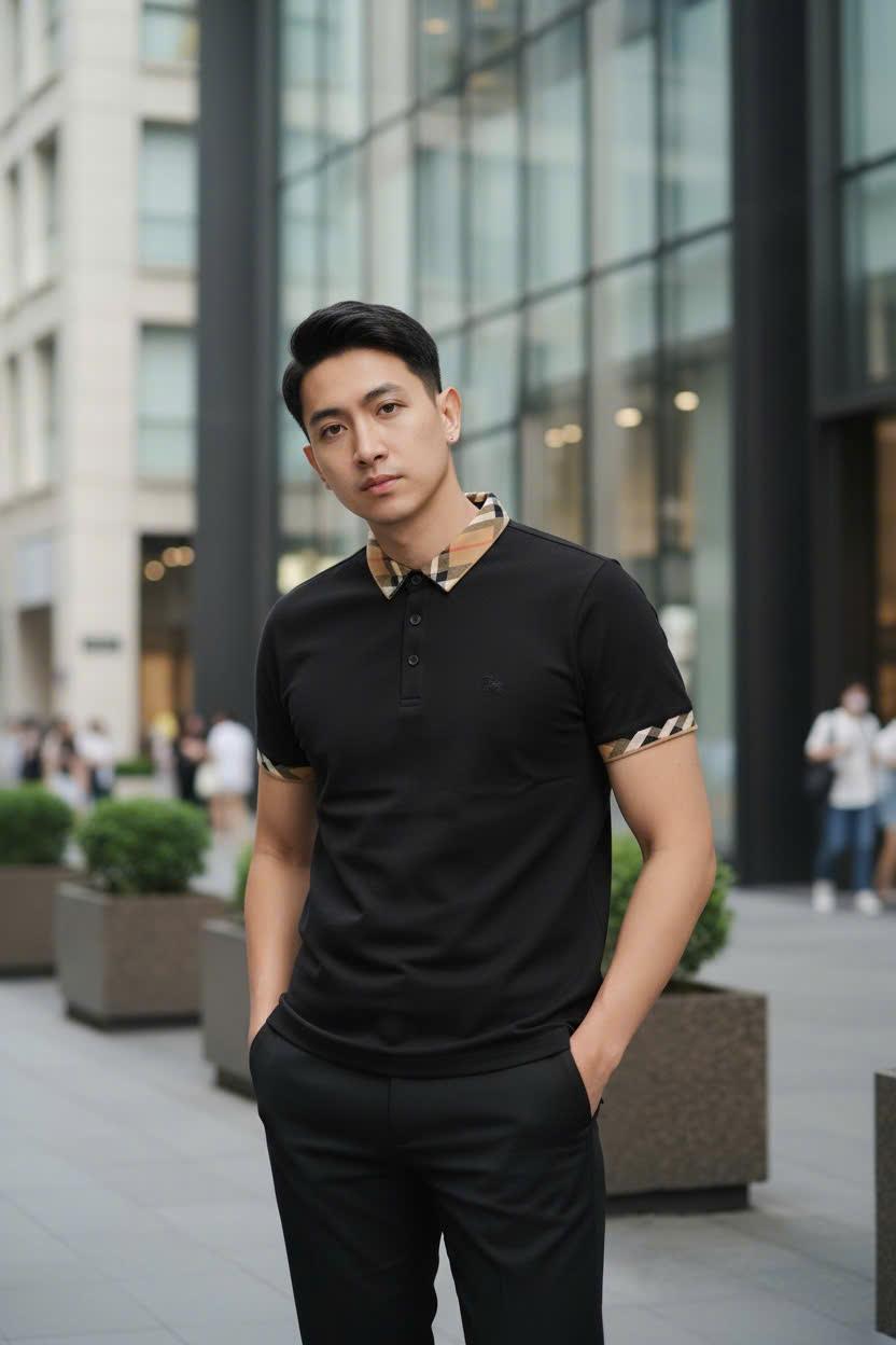 Áo polo Burberry BBR Trắng Đen cổ Nâu check kẻ sọc tay cổ Like Auth M-XXL DDT\Đen