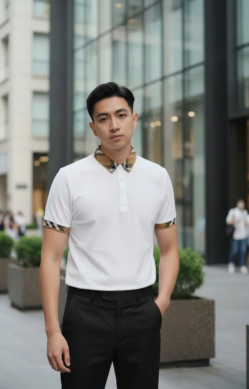 Áo polo Burberry BBR Trắng Đen cổ Nâu check kẻ sọc tay cổ Like Auth M-XXL DDT\Trắng