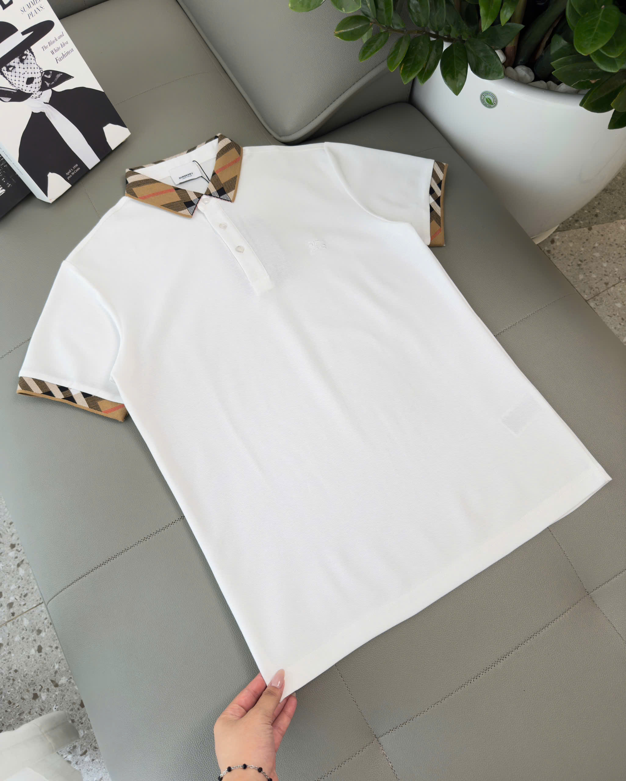 Áo polo Burberry BBR Trắng Đen cổ Nâu check kẻ sọc tay cổ Like Auth M-XXL DDT\Trắng