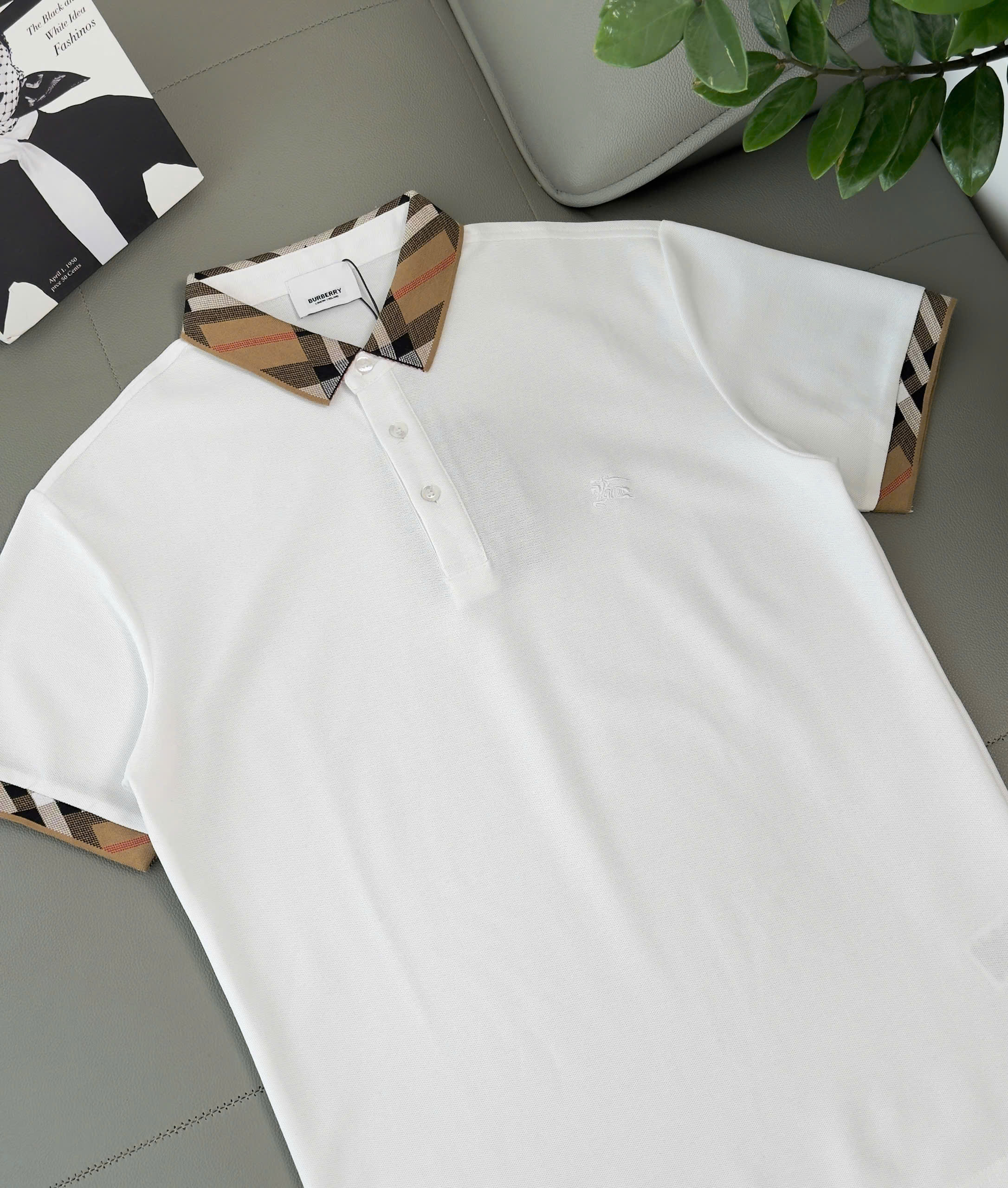 Áo polo Burberry BBR Trắng Đen cổ Nâu check kẻ sọc tay cổ Like Auth M-XXL DDT\Trắng