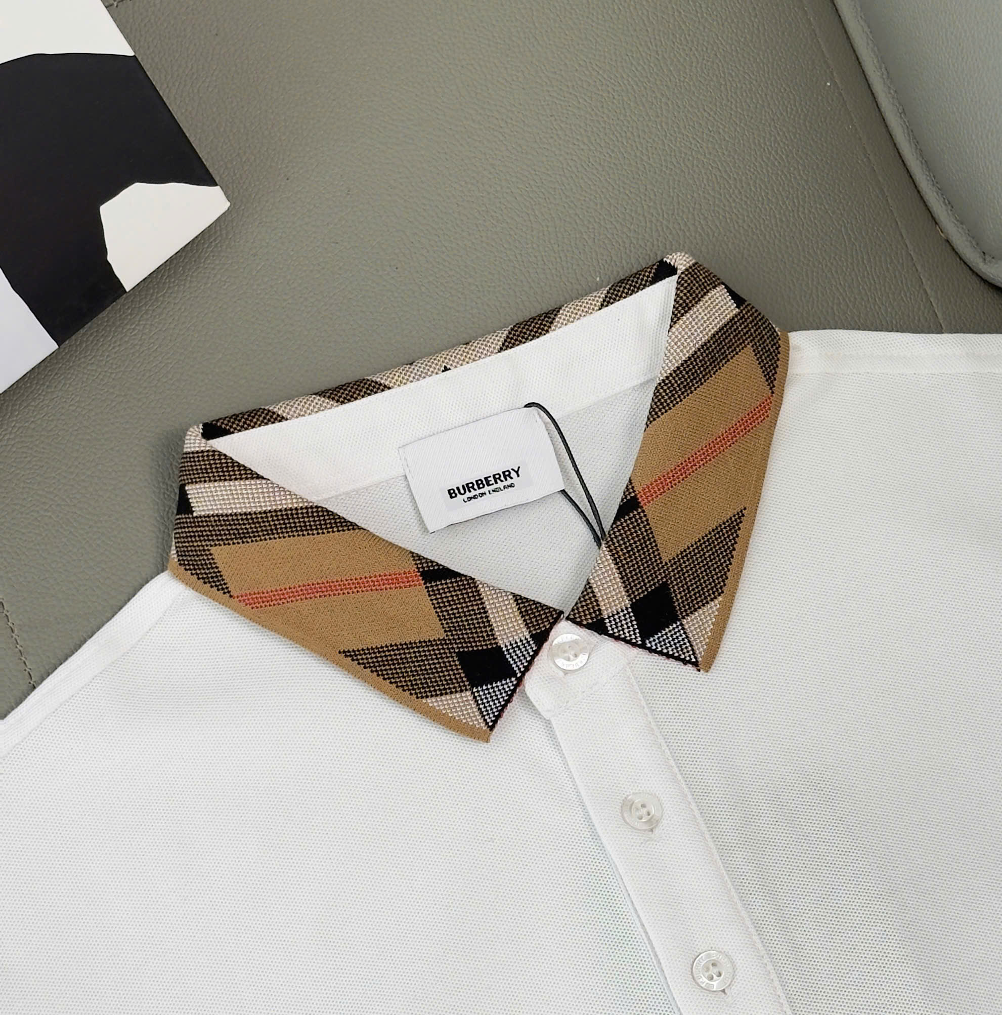 Áo polo Burberry BBR Trắng Đen cổ Nâu check kẻ sọc tay cổ Like Auth M-XXL DDT\Trắng