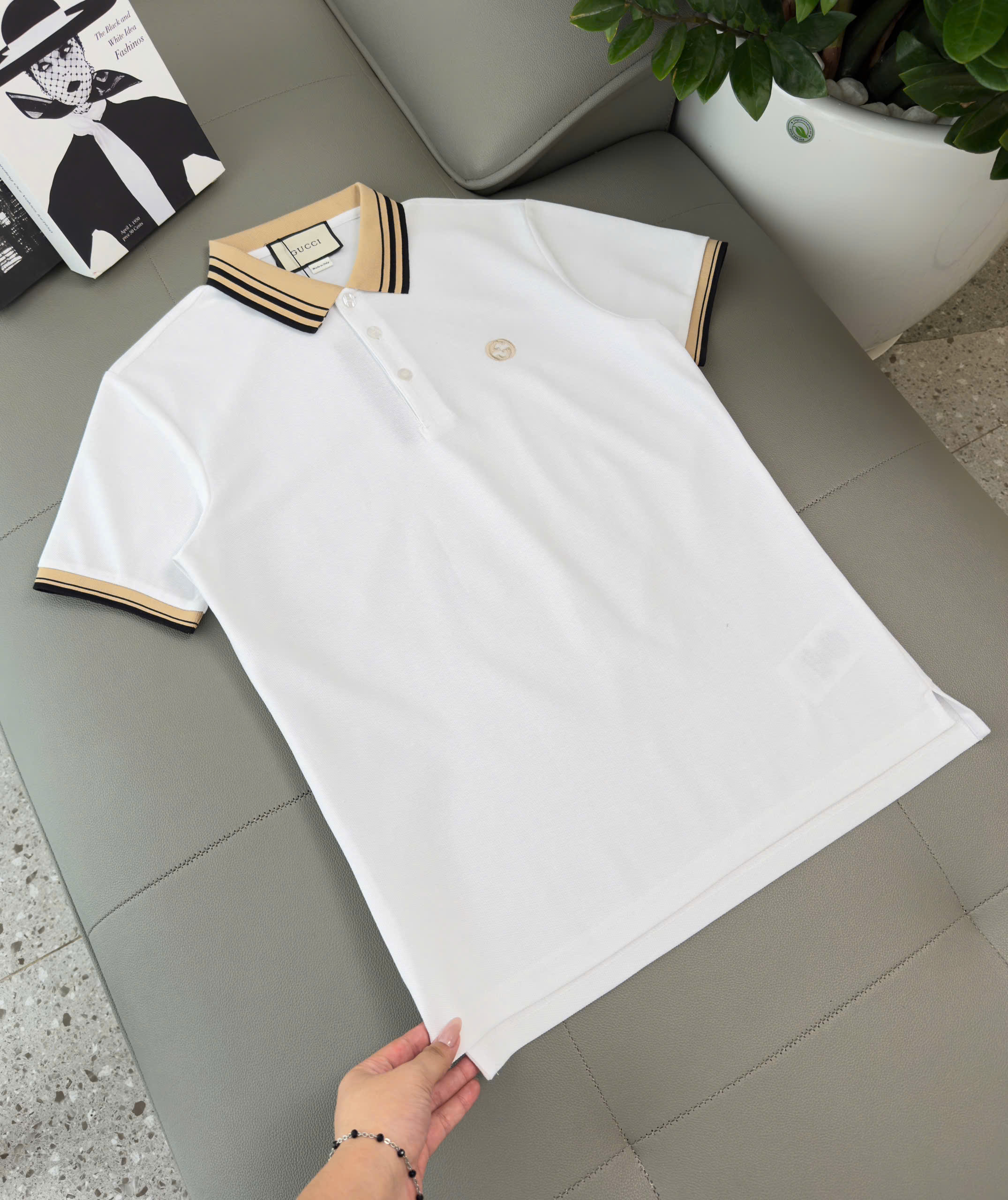 Áo polo Gucci GC Trắng Đen cổ Be logo thêu ngực Like Auth M-XXL DDT\Trắng