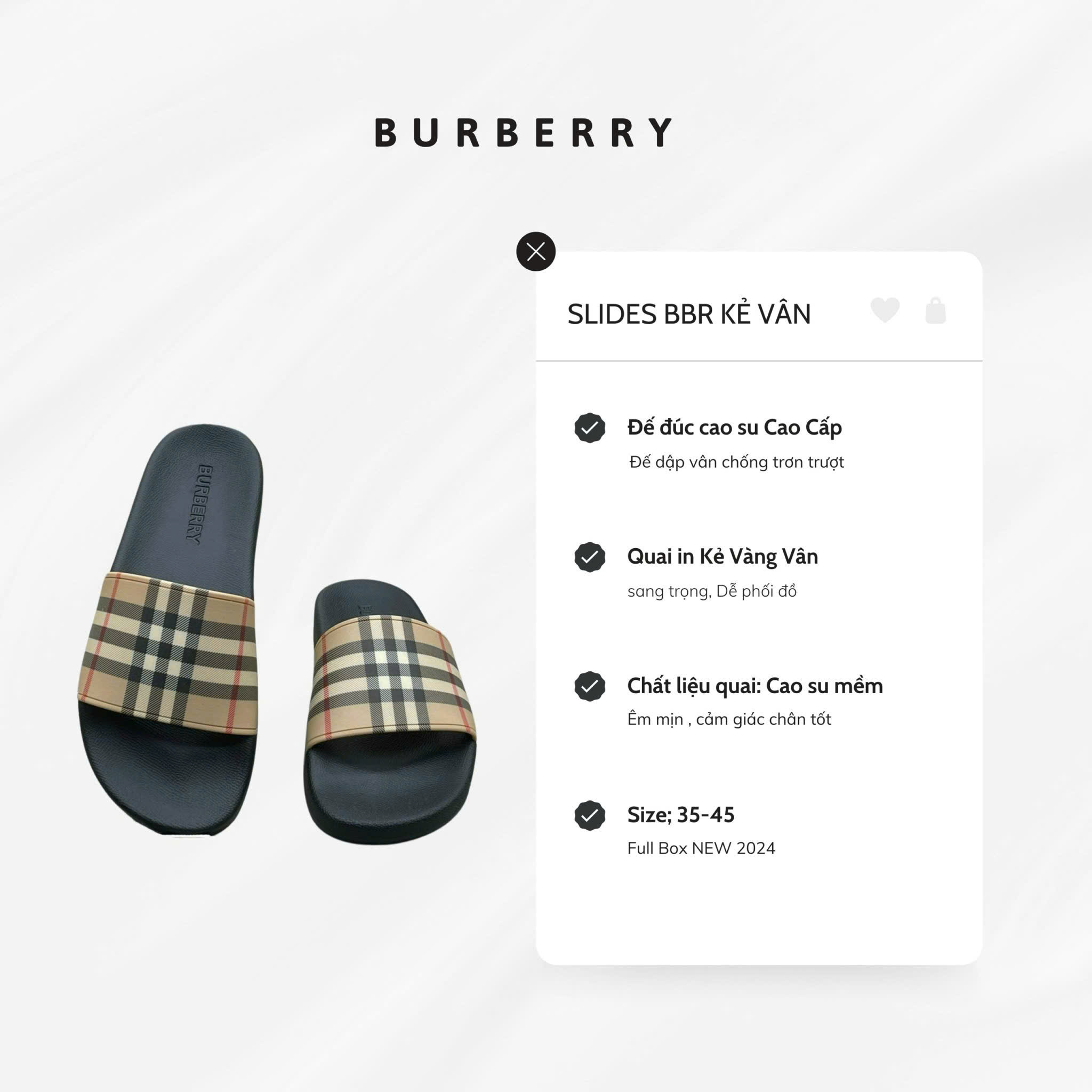 Dép lê quai ngang Burberry BBR Vintage Check kẻ sọc Đen Trắng Đỏ Like Auth 38-45 PLD