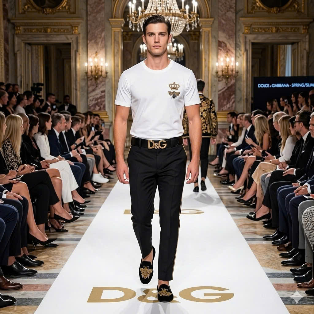 Áo phông T shirt Dolce Gabbana DG họa tiết Ong Vương Miện thêu ngực Like Auth S-L MK\Trắng