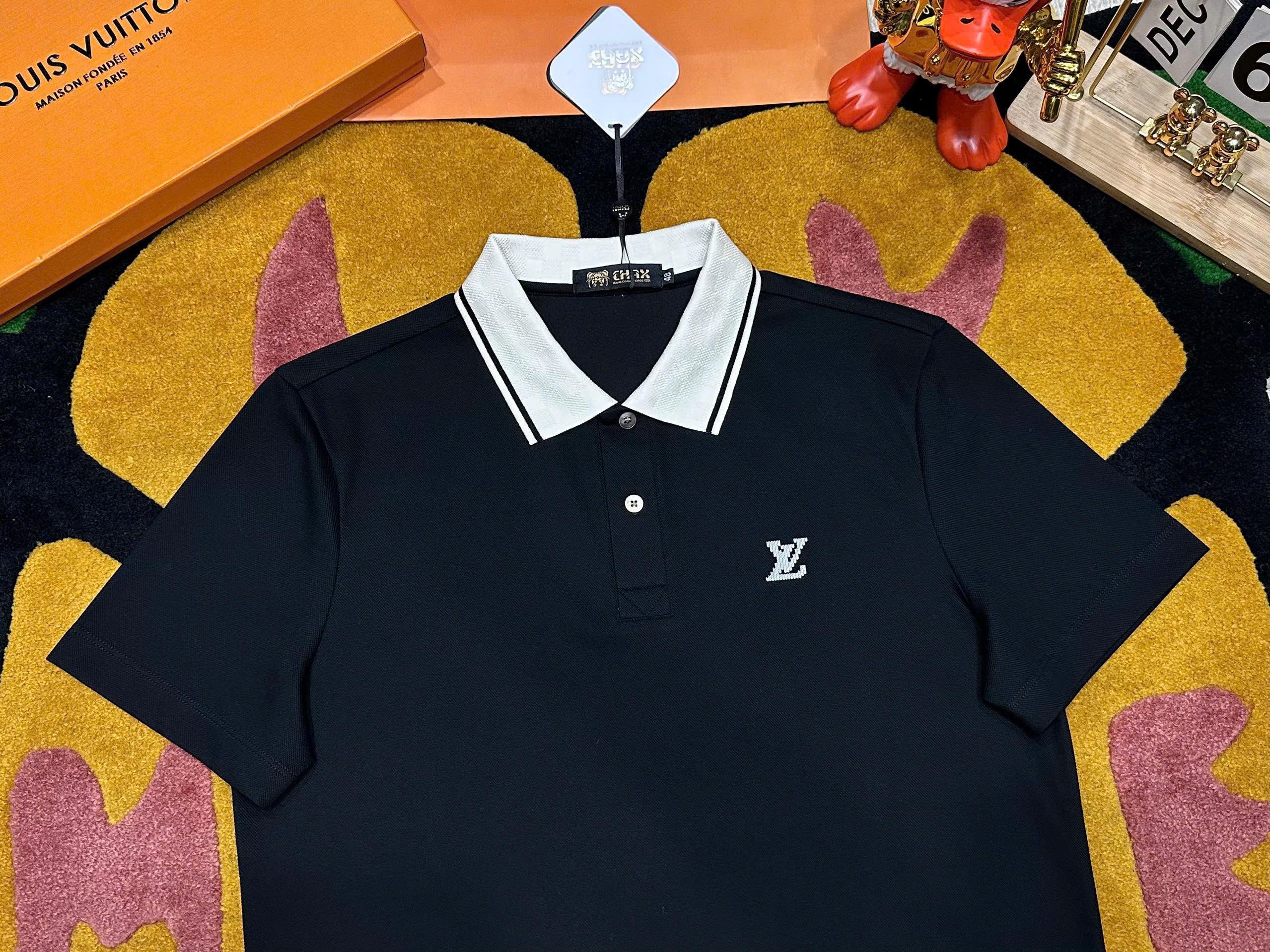 Áo polo Louis Vuitton LV check cổ caro logo thêu ngực Like Auth 48-52 MK\Đen