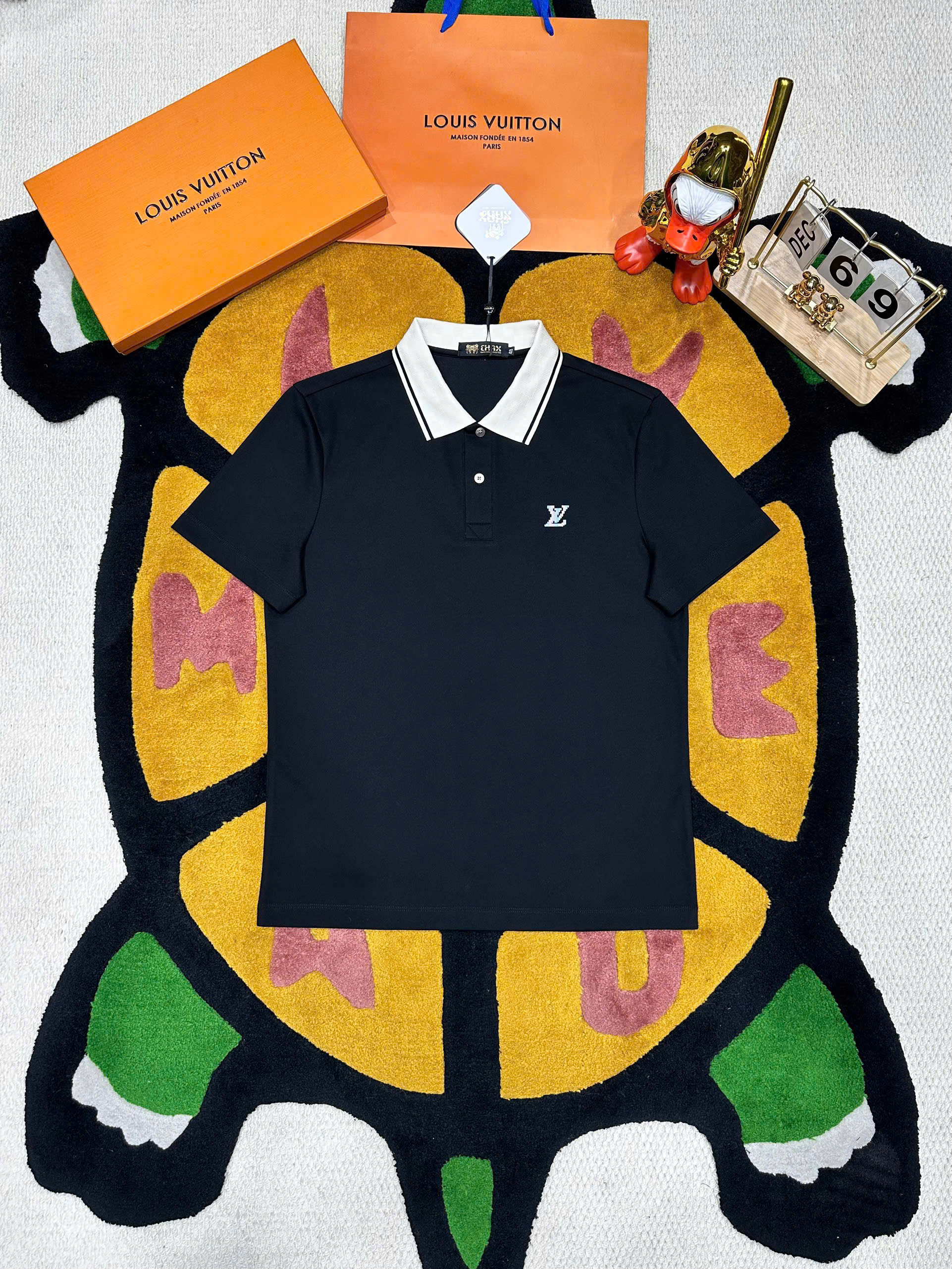 Áo polo Louis Vuitton LV check cổ caro logo thêu ngực Like Auth 48-52 MK\Đen