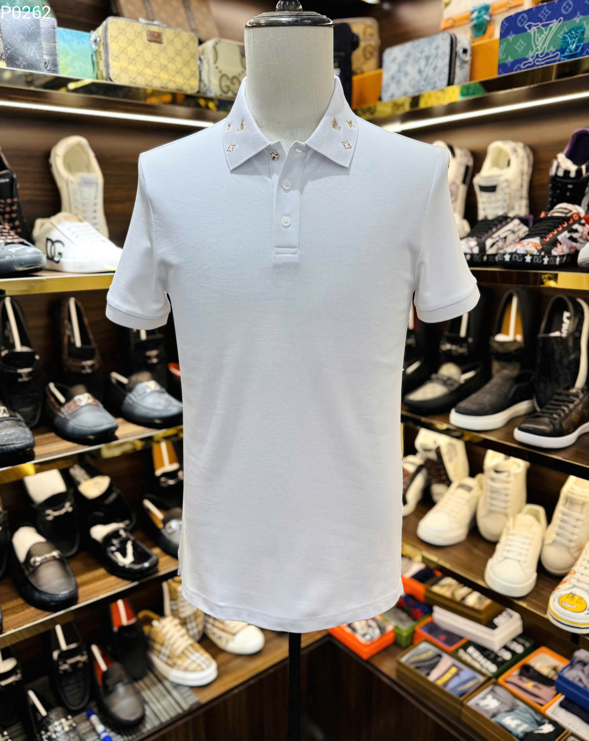 Áo polo Louis Vuitton LV logo thêu cổ Hoa và Vương Miện Like Auth S-XL MK\trắng