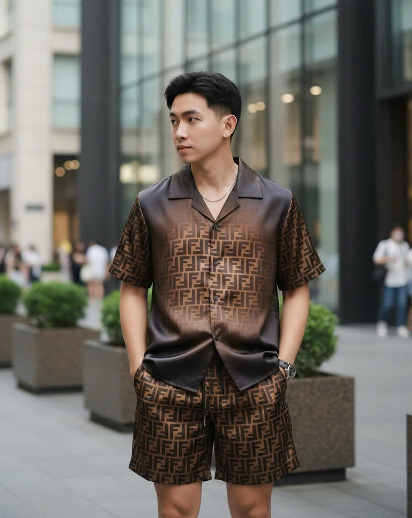 Set bộ lụa hè Fendi FD Đen loang Nâu Like Auth M-XXL DDT