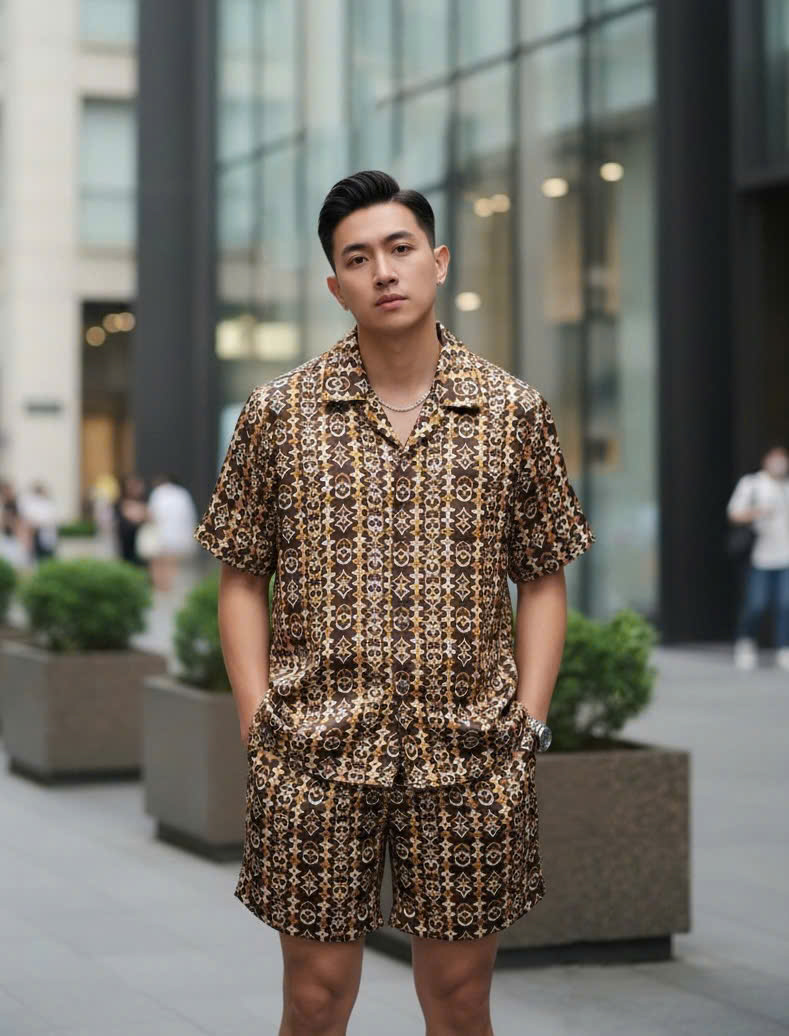 Set bộ lụa hè Louis Vuitton LV Nâu monogram 3D Like Auth M-XXL DDT