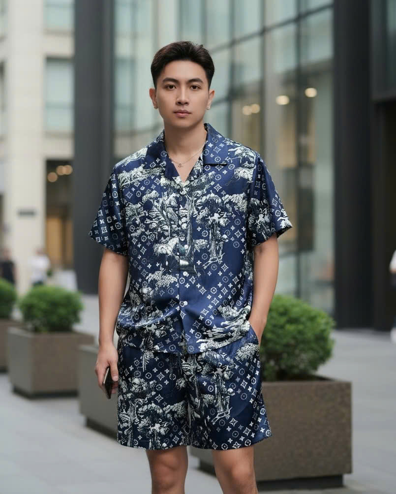 Set bộ lụa hè Louis Vuitton LV Xanh than monogram họa tiết Cổ Thụ Like Auth M-XXL DDT