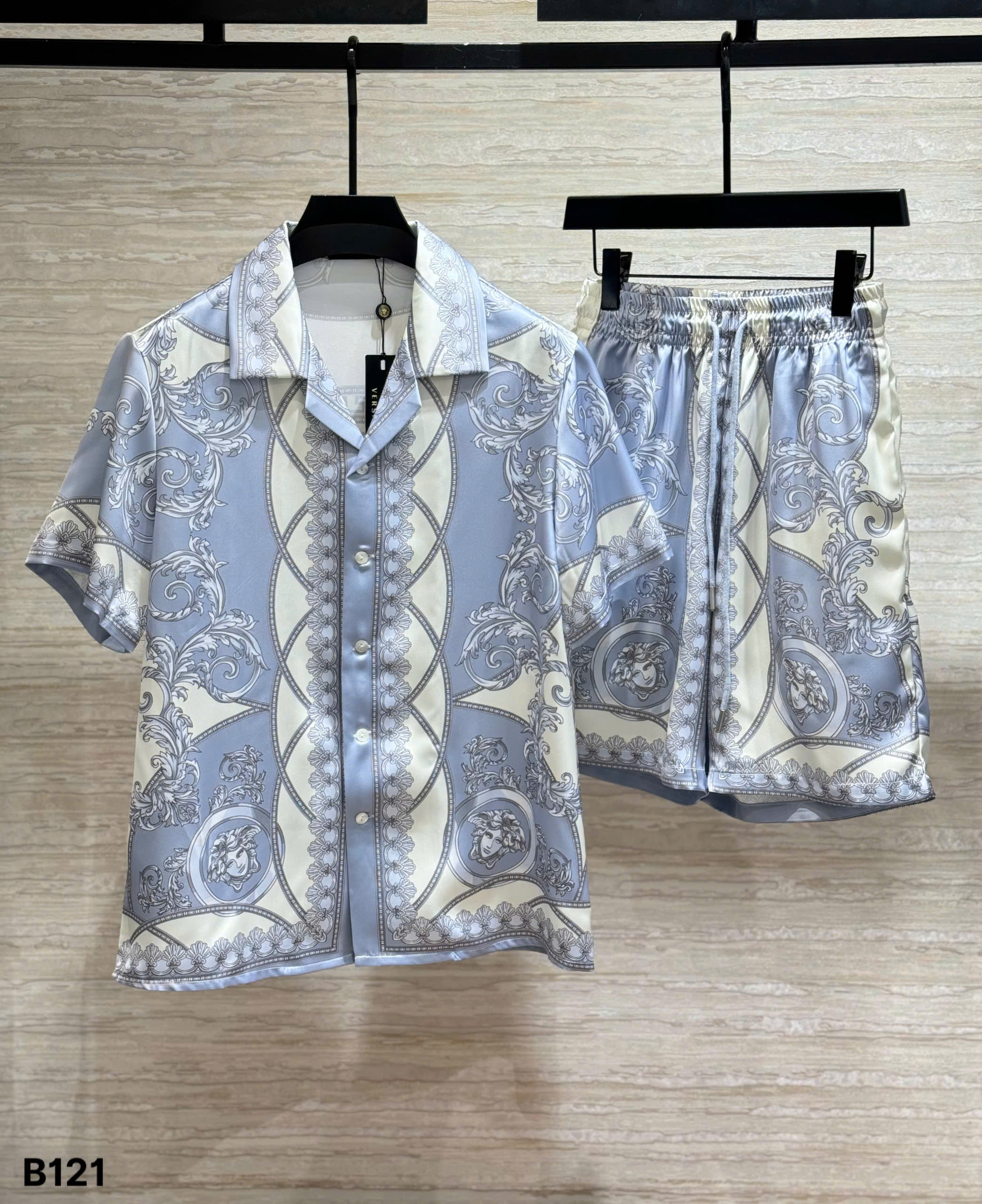 Set bộ lụa hè Versace VS Xanh Be họa tiết hoa lá Like Auth M-XXL DDT