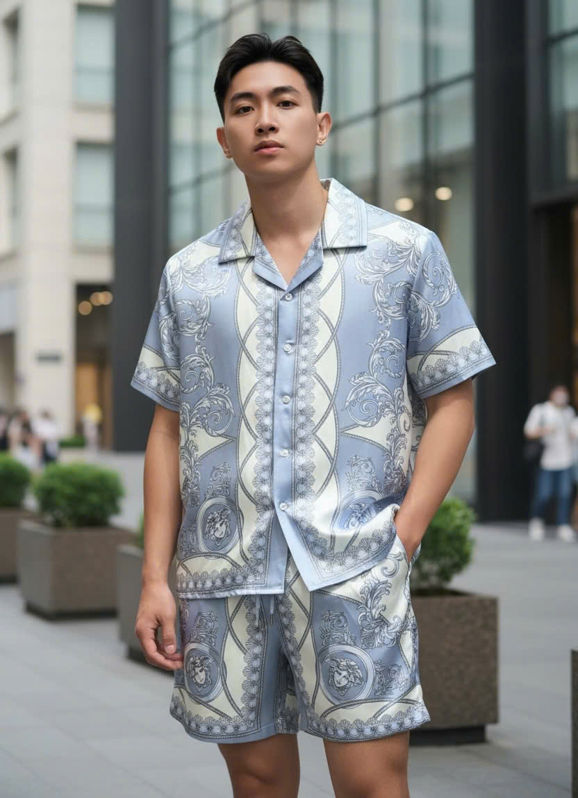 Set bộ lụa hè Versace VS Xanh Be họa tiết hoa lá Like Auth M-XXL DDT