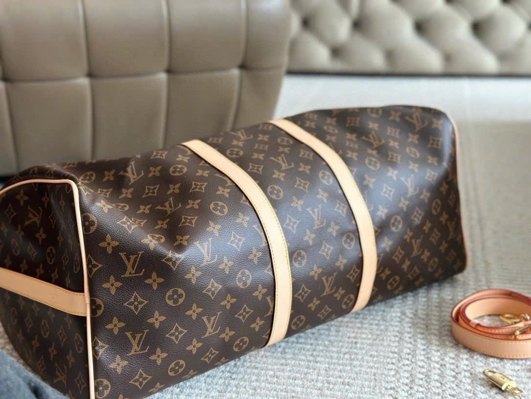 Túi trống du lịch Louis Vuitton LV Keepall monogram size 50 Like Auth PLD\nâu viền kem