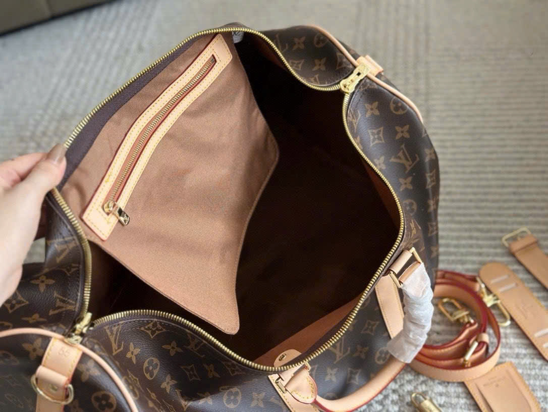 Túi trống du lịch Louis Vuitton LV Keepall monogram size 50 Like Auth PLD\nâu viền kem
