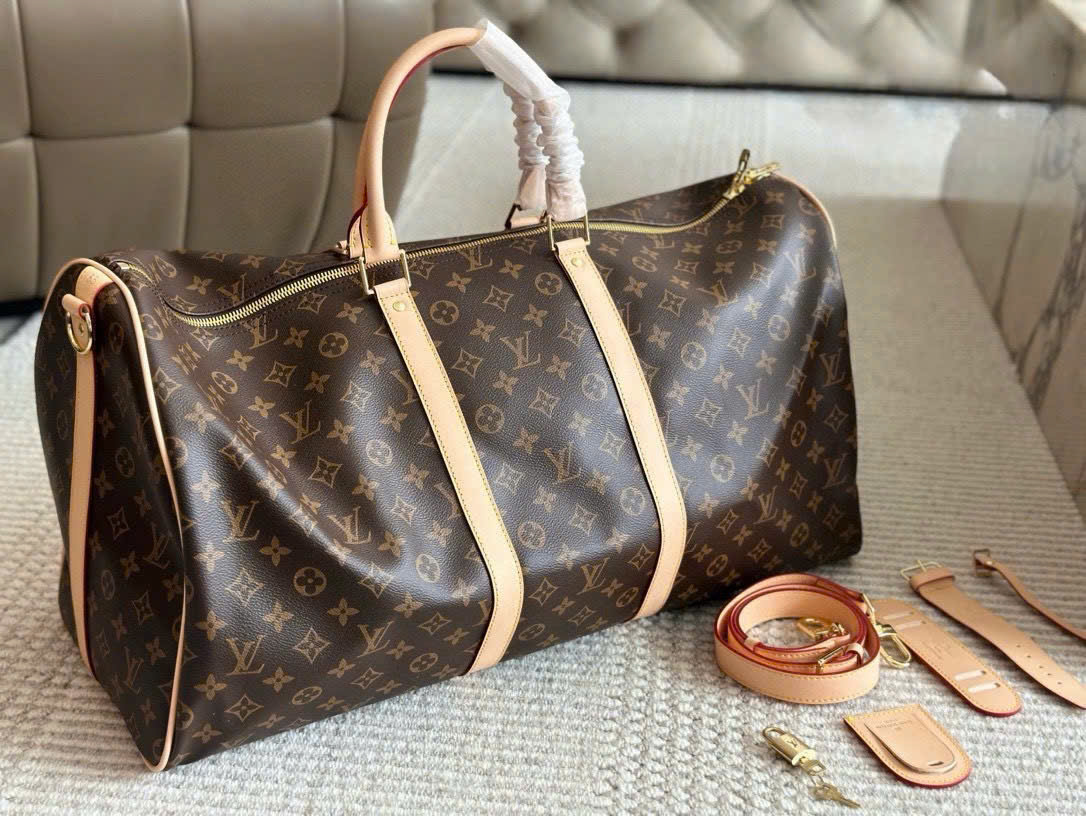 Túi trống du lịch Louis Vuitton LV Keepall monogram size 50 Like Auth PLD\nâu viền kem